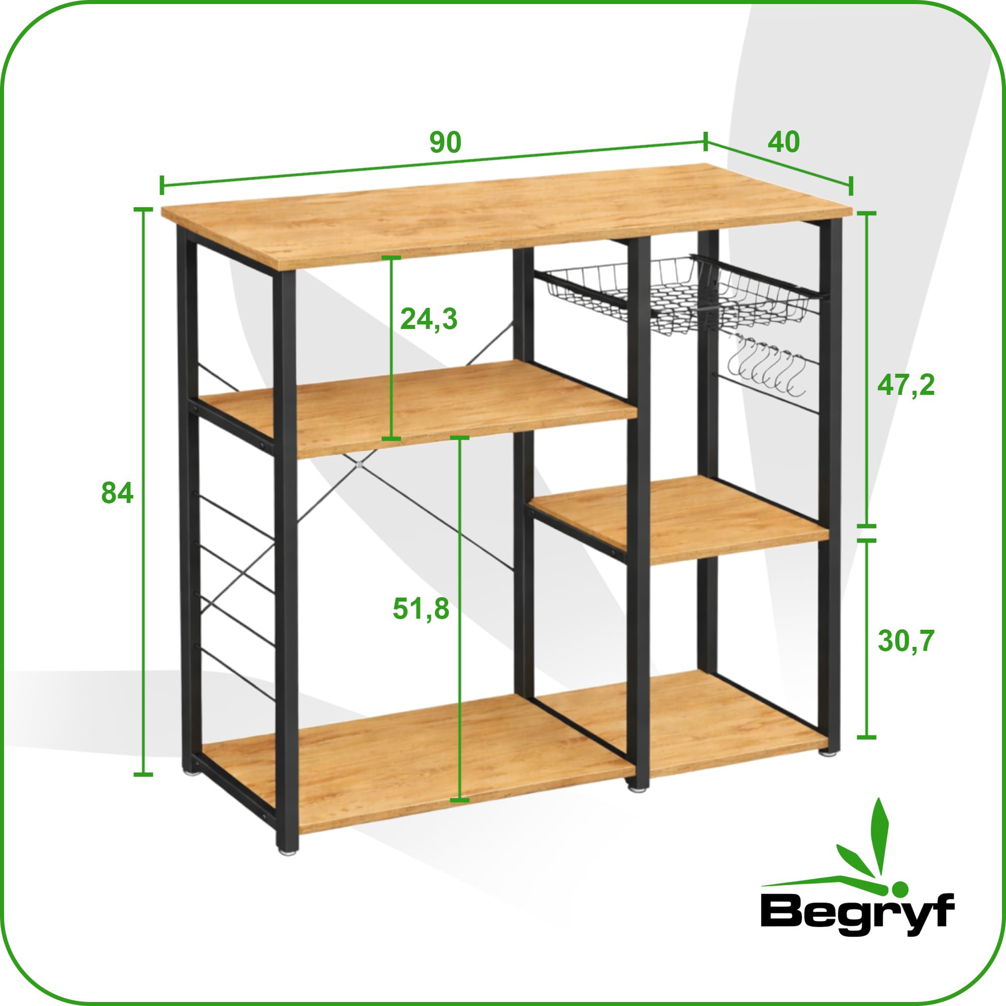 Küchenregal freistehend, Mikrowellenregal mit 4 Ablagen, Drahtkorb und Hakenleiste, Küchenorganizer im Industrial Design aus Metall und Eichenoptik, 90 x 40 x 84 cm