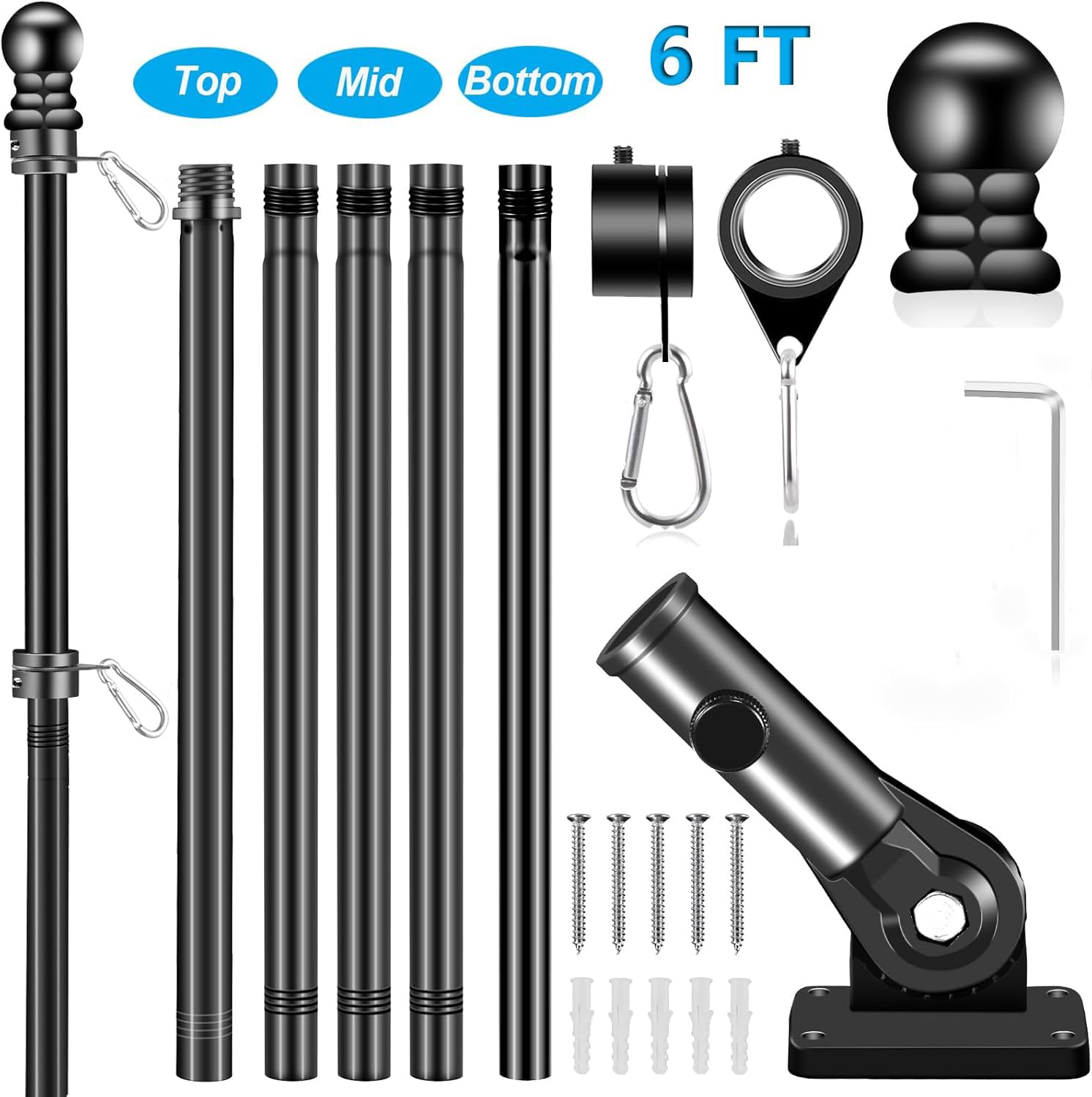 Black Flagpole Kits for Outside House, 6 FT Thickened Stainless Steel Porch Wall Flag Pole for 3x5'/4x6' Flag, 1" Anti-Wrap Spinning Flagpole Ring, 180° Adjustable Multi-Position Bracket Holder - 3