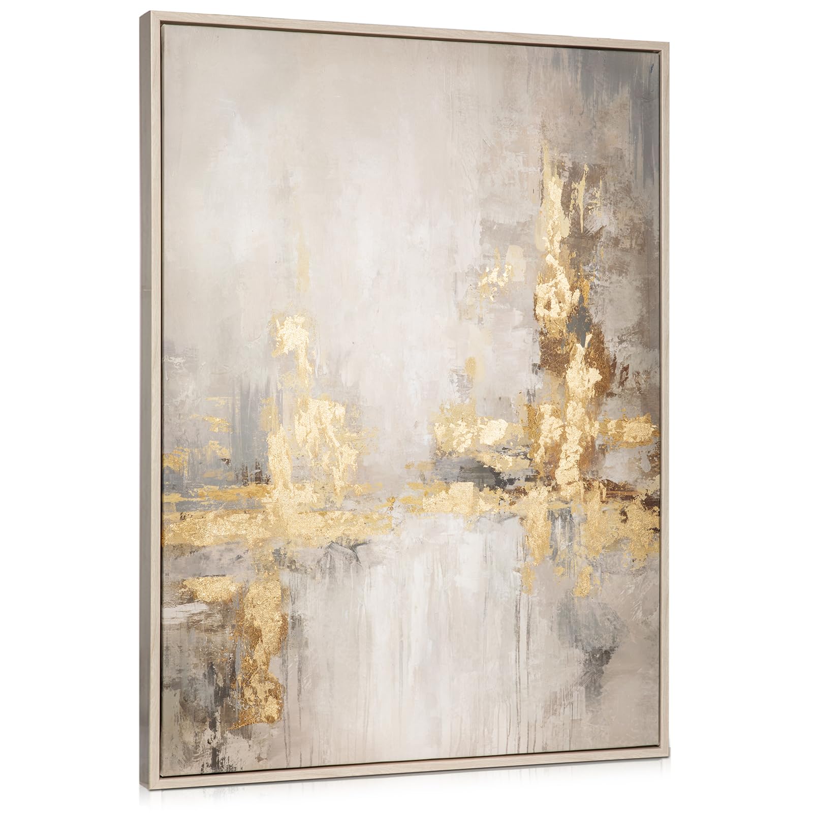 Briful 28"x20" Large Canvas Wall Art for Living Room | 72cm x 52cm Hand-painted Abstract Wall Art | Framed Prints Gold Textures Neutral Wall Art | Textured Oil Painting Canvas for Wall Decor