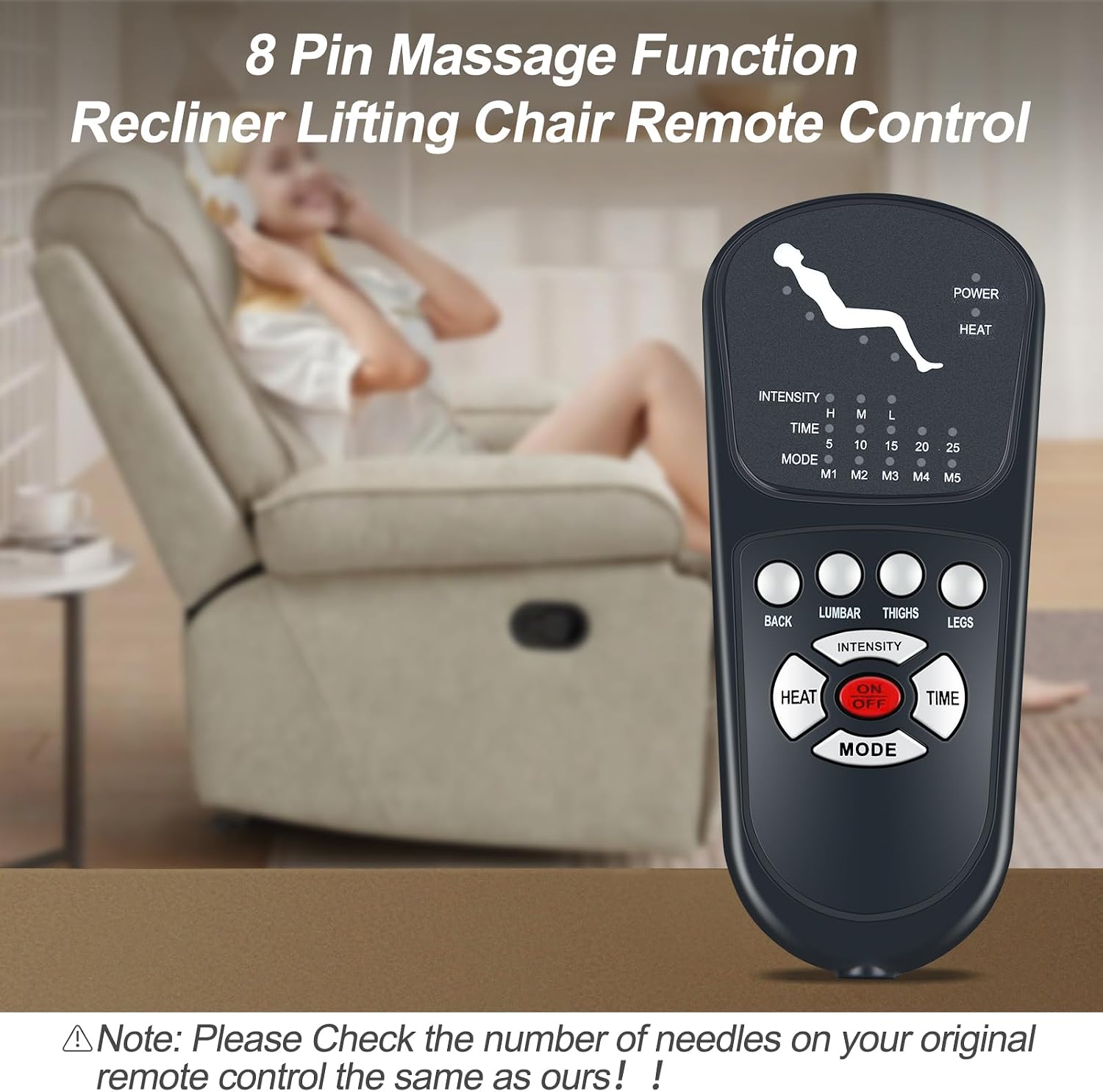 New 8 Pin Massage Function Remote Handset Controller for Recliner Chair, Controls 4 Sets of Vibration Motors 1 Heating Pad 5 Vibration Modes 3 Vibrational Intensities 5 Time Options