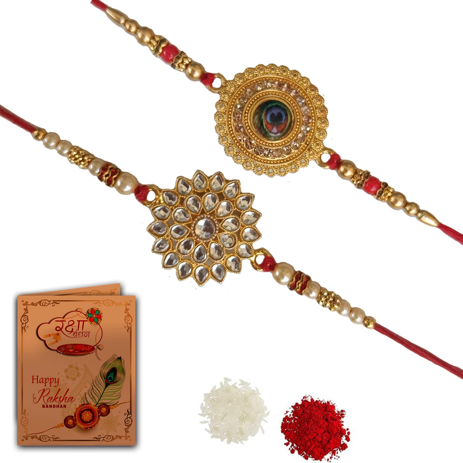 Kundan Rakhi Combo & Gold Plated Rakhi for Brother, Roli Chawal & Greeting Card | Rakhi for Bhaiya | Rakhi for Bro| Kundan Rakhi | Rakhi Combo-Set of 2-image-45