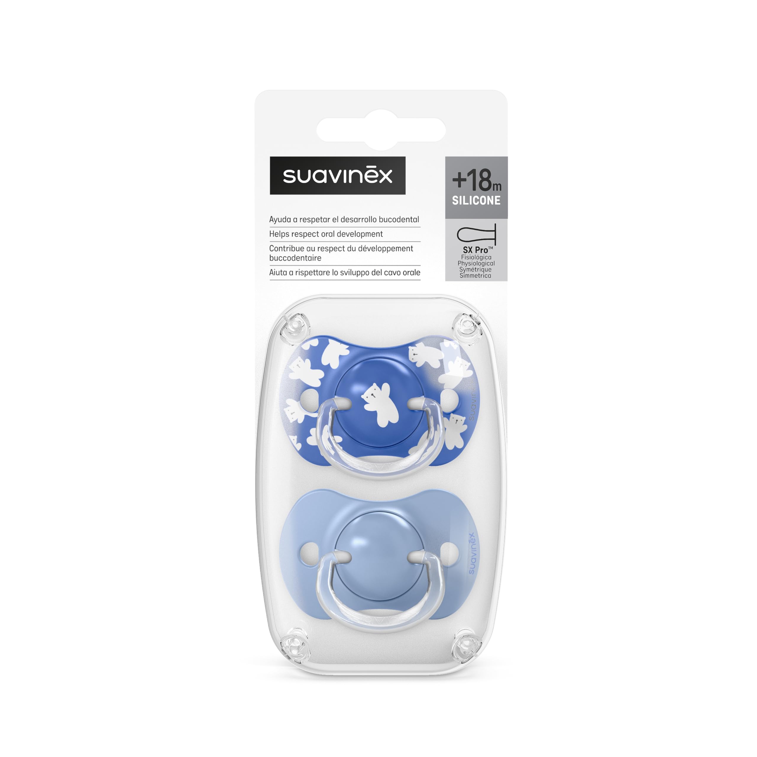 Suavinex, Lot 2 Sucettes Bébés +18 Mois, Tétine Symétrique SX Pro en Silicone, plus Plate et Flexible, Réversible, Respecte le Développement Buccodentaire, Wild&Free Bleu