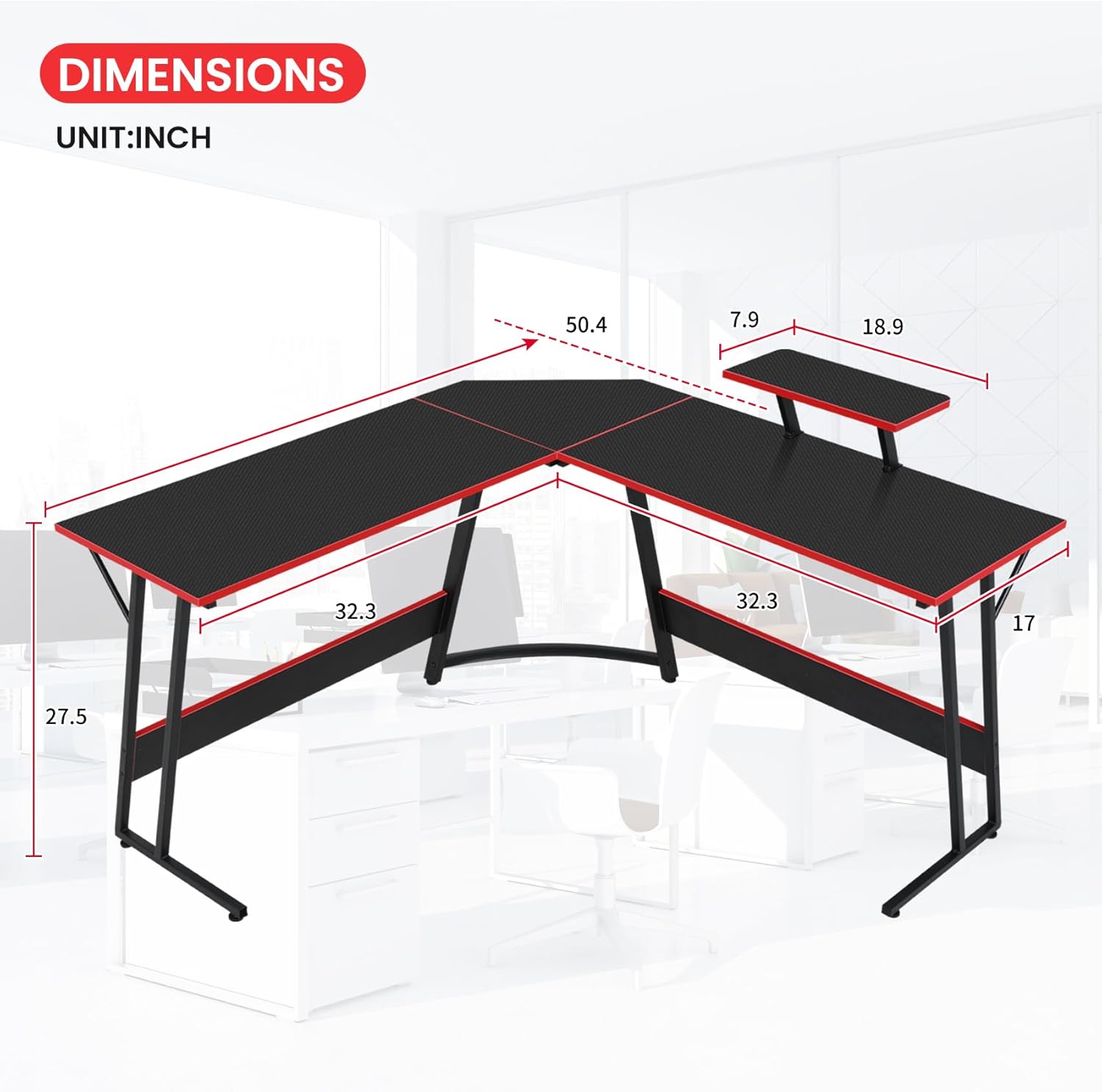 Diagram showing the dimensions of the L Shaped Gaming Desk in inches.