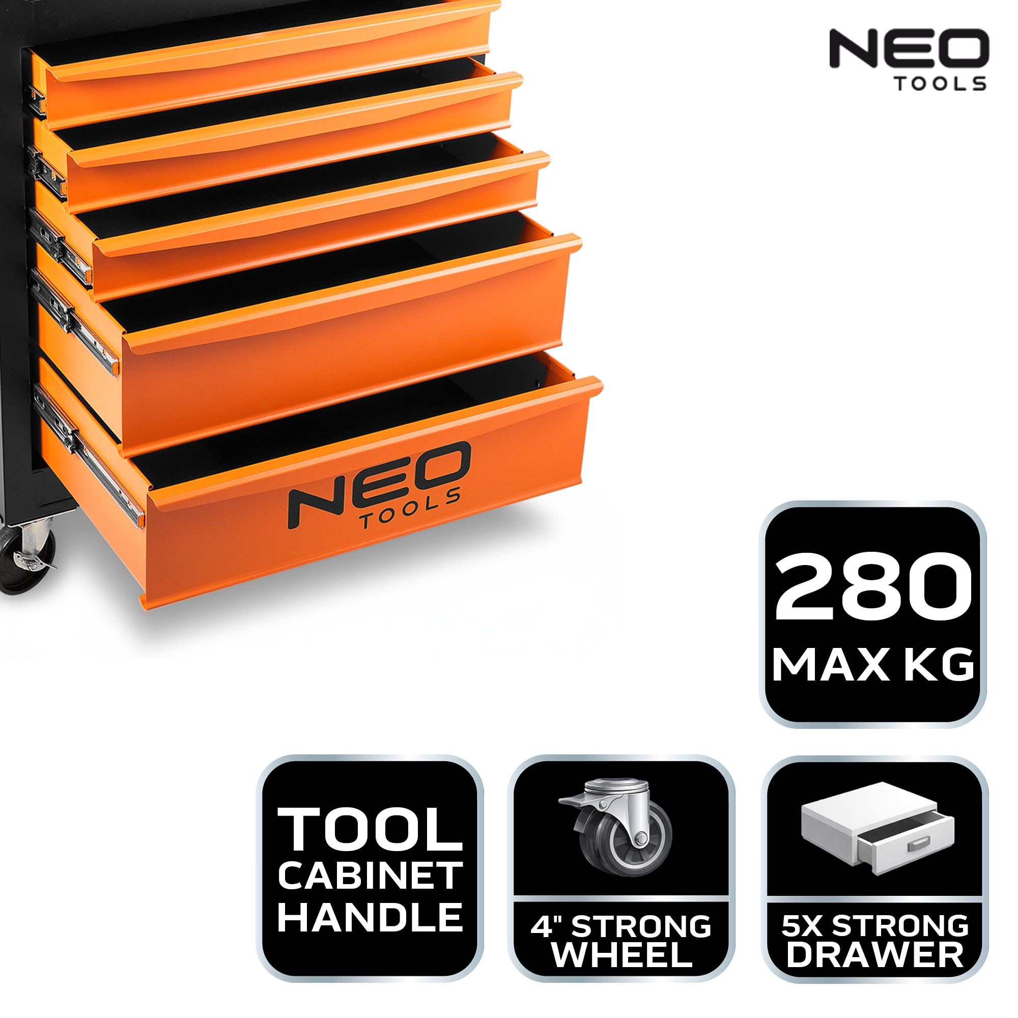 NEO TOOLS Wózek warsztatowy, 5 przegródek, szuflady z łożyskiem kulkowym, centralnie zamykany, mata antypoślizgowa, kółka obrotowe, z hamulcem postojowym, mobilny wózek narzędziowy, szafka na