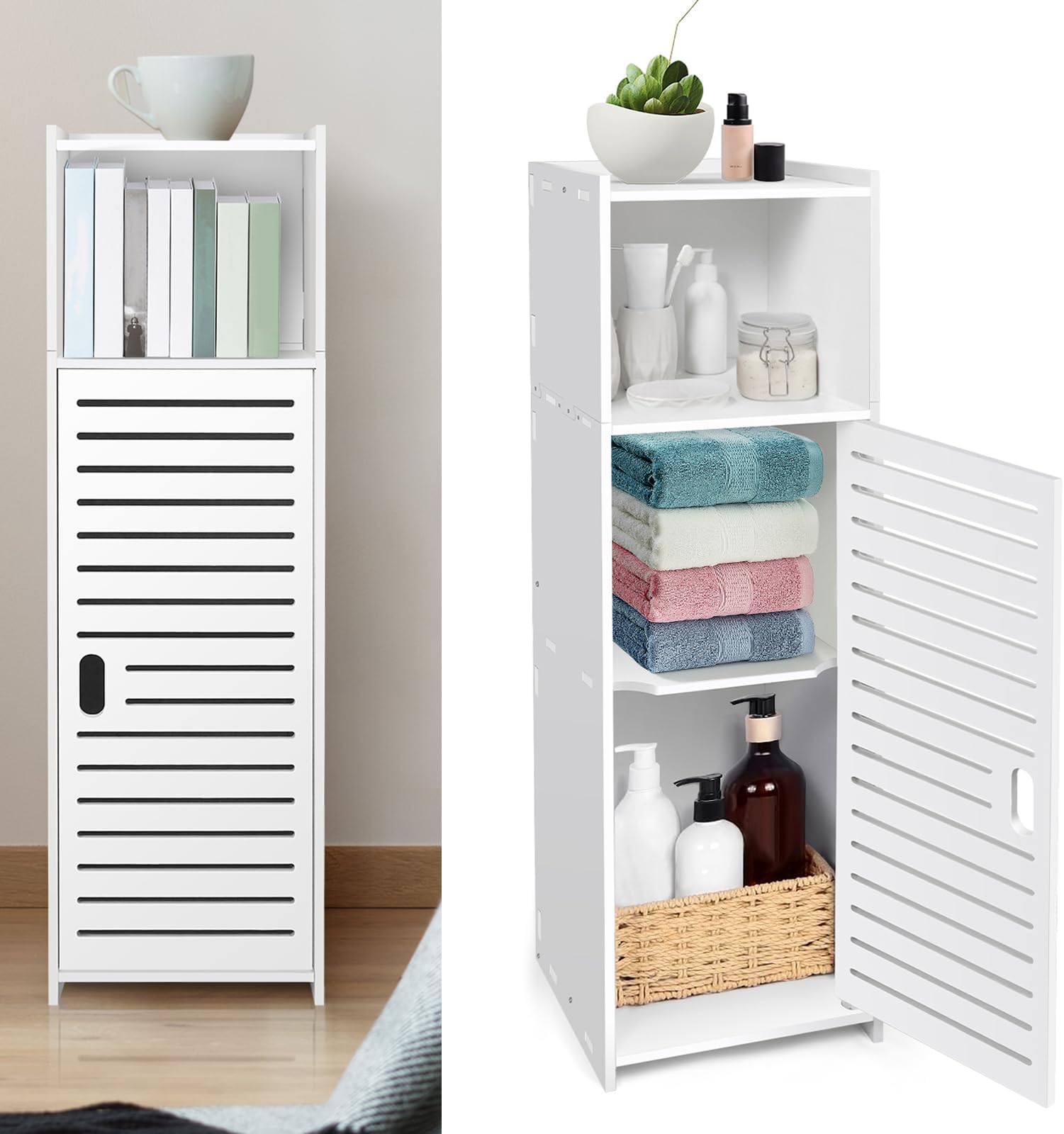 3 Tier Bathroom Cabinet Freestanding, Slim Bathroom Storage Unit with Door & Display Shelf, Space-Saving Narrow Home Office Furniture Floor Storage Cabinet for Small Spaces, White, W25 x D22 x H78 cm