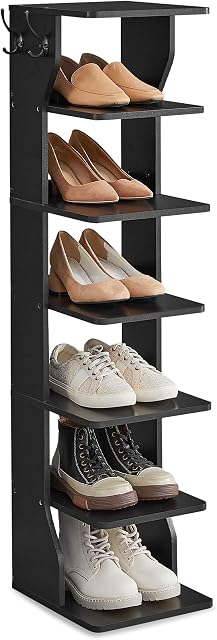 VASAGLE 7-Tier Vertical Shoe Rack, Narrow Shoe Storage Organizer with Hooks, Slim Corner Tower Shelf, Space-Saving for Entryway and Bedroom, Black ULBS200T16 | Shoe Storage Rack