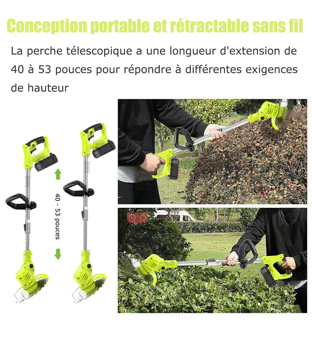 Coupe Bordure sans Fil avec Batterie 21V Debroussailleuse Electrique sans Fil avec 2 Batteries de 2,0 Ah et 650W Debrouissalleuses Batterie avec Moteur de 6 000 TR/Min, Efficace et Facile