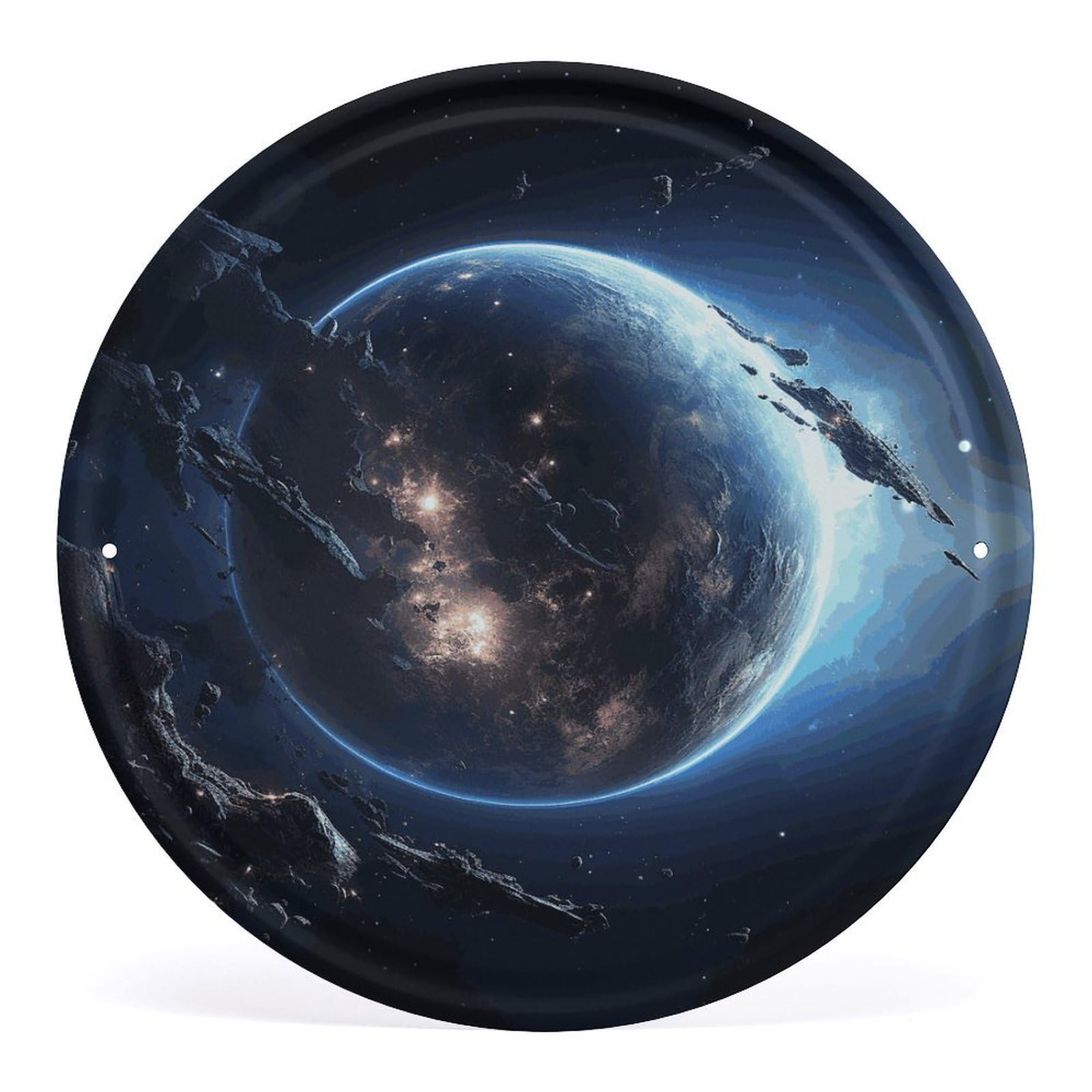 Fodpand Style Earth And Moon Round Wall Art Hanging Decorations, Wall Decor Modern Minimalist Artwork, Tin Sign Hanging Picture For Living Room, Bedroom, Office, Hallway, 11.8X11.8 Inch
