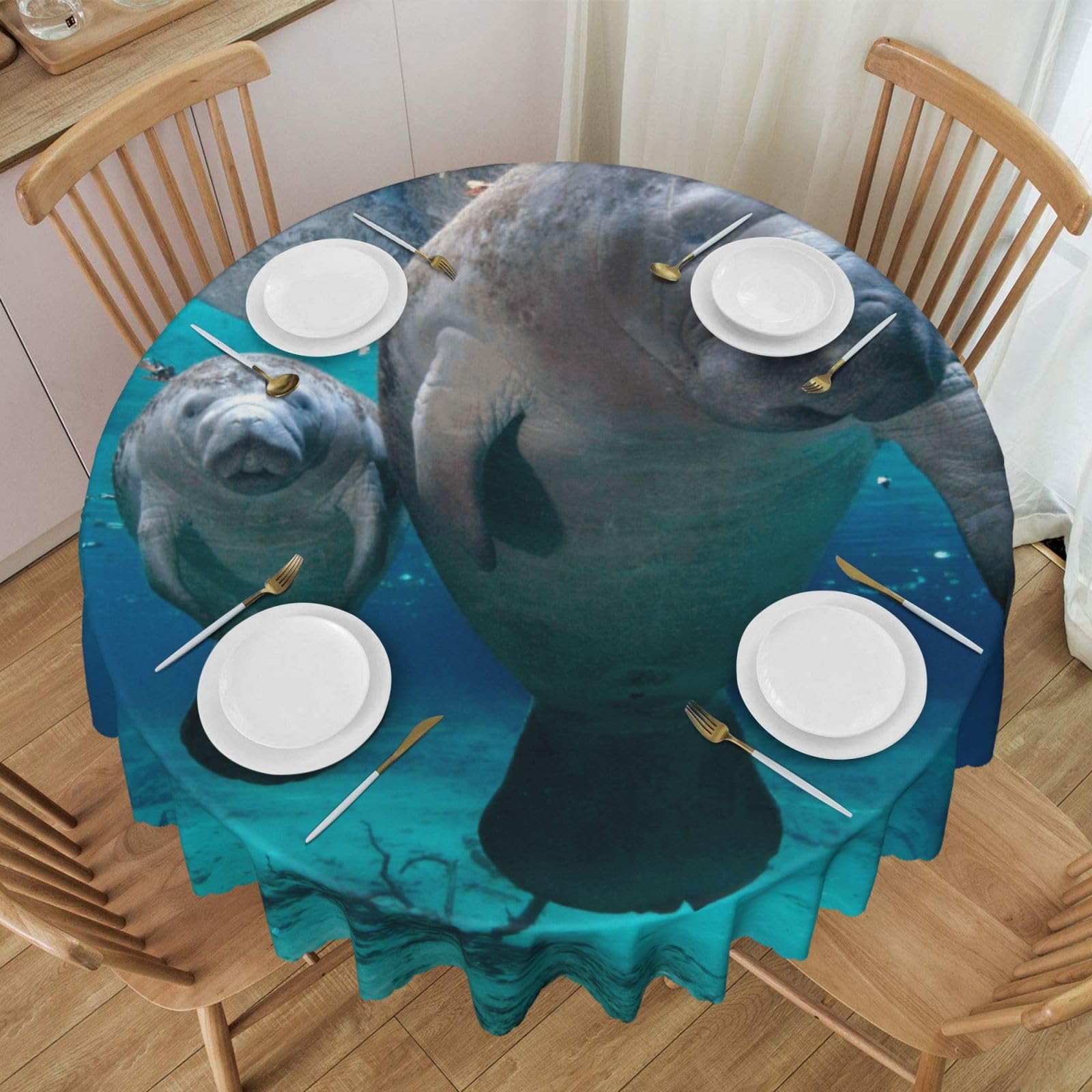 DCEHGEW 60 In Round Tablecloth with Lace, West Indian Manatees Printed Oilproof & Washable Fabric Picnic Table Cloth Table Covers