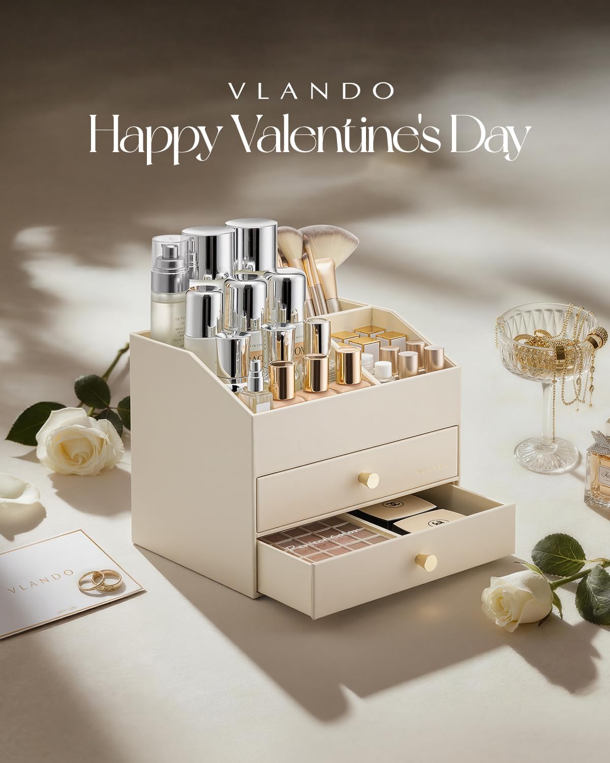 VLANDO Makeup Organizer for Vanity,Large Capacity Countertop Organizer with Drawers, PU Leather Cosmetic Display Case for Lipstick,Brushes,Skincare,Bedroom Storage (Beige) - Image 2