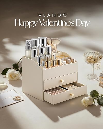 Miniatura 2 de VLANDO Makeup Organizer for Vanity,Large Capacity Countertop Organizer with Drawers, PU Leather Cosmetic Display Case for