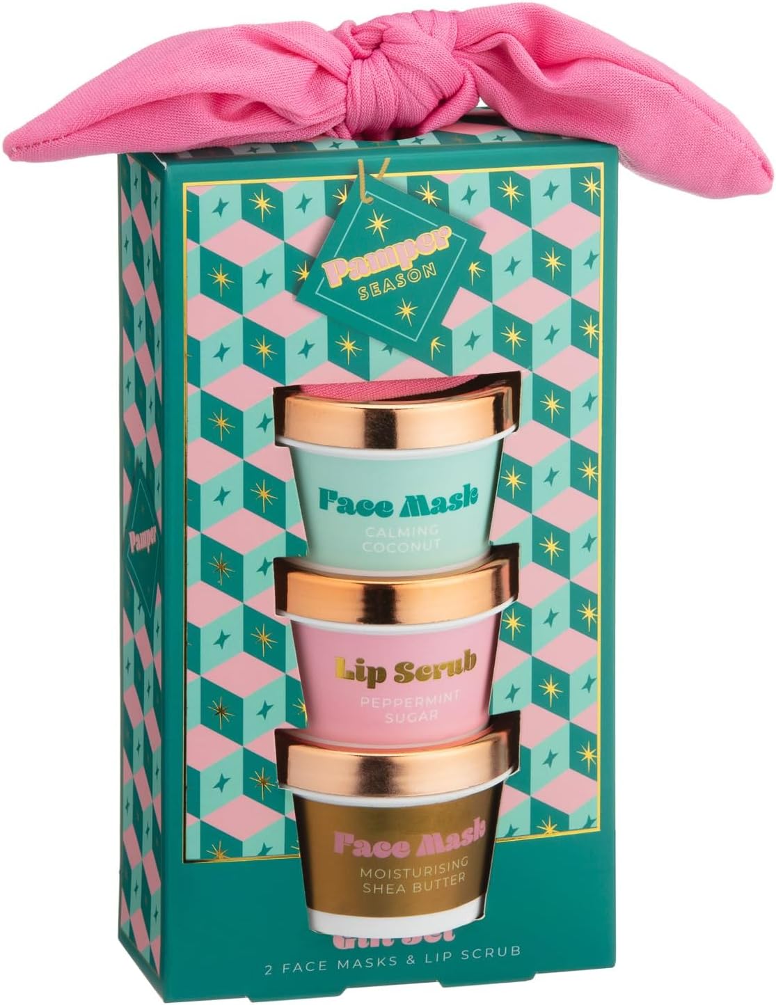New 4Pc Pamper Season Face Mask & Lip Scrub Set Includes Calming Coconut Face Mask, Peppermint Sugar Lip Scrub,Moisturising Shea Butter Face Mask & Pink Headband Xmas Gift Set For Beauty Lovers - A21