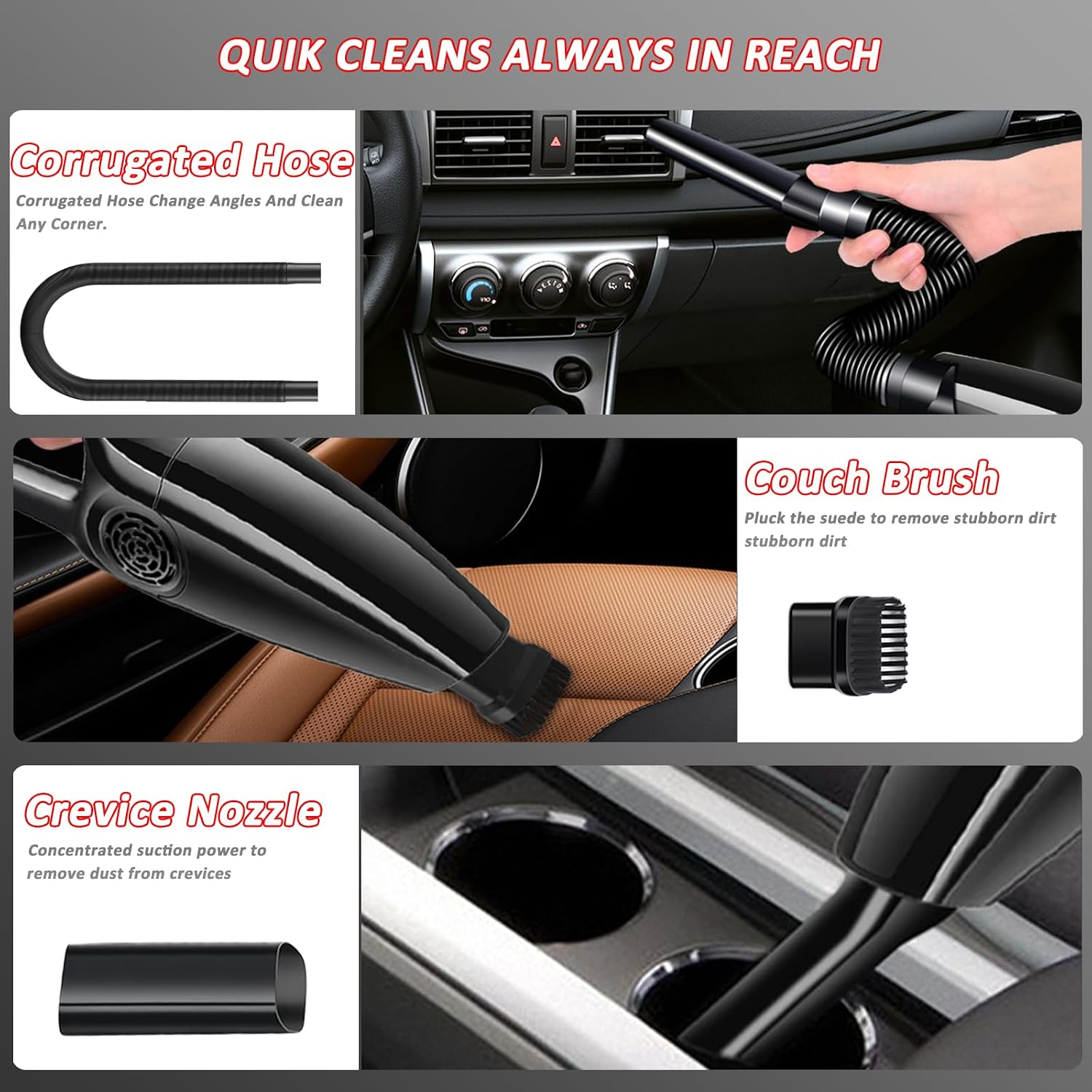 QISHENG-5 in 1 Wet/Dry Handheld Corded Car Vacuum Cleaner, 12V DC with Set of Cleaning Sets, Strong Suction & Lightweight. (Black)