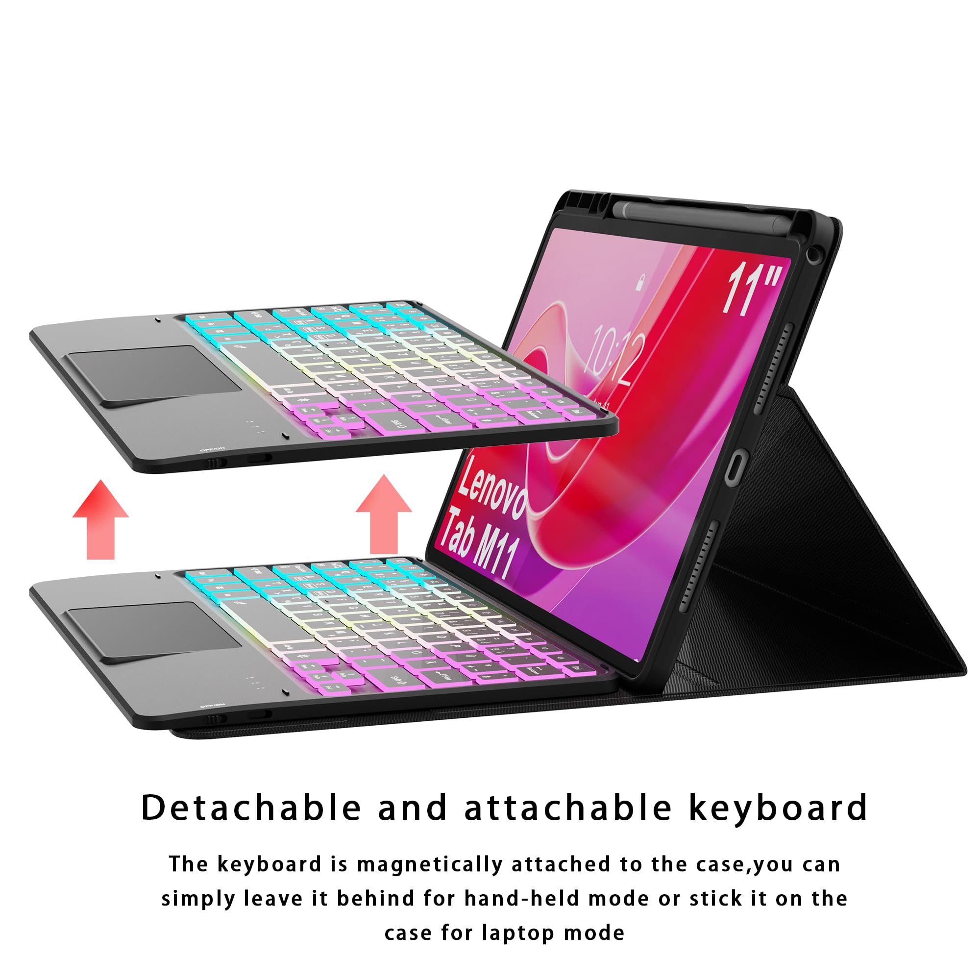 Custodia per Lenovo Tab M11 TB330/TB331 2024 da 11 pollici, con tastiera con trackpad | Retroilluminazione RGB a 7 colori, tastiera con touchpad, portapenne, rimovibile, magnetica, per studenti, viaggi
