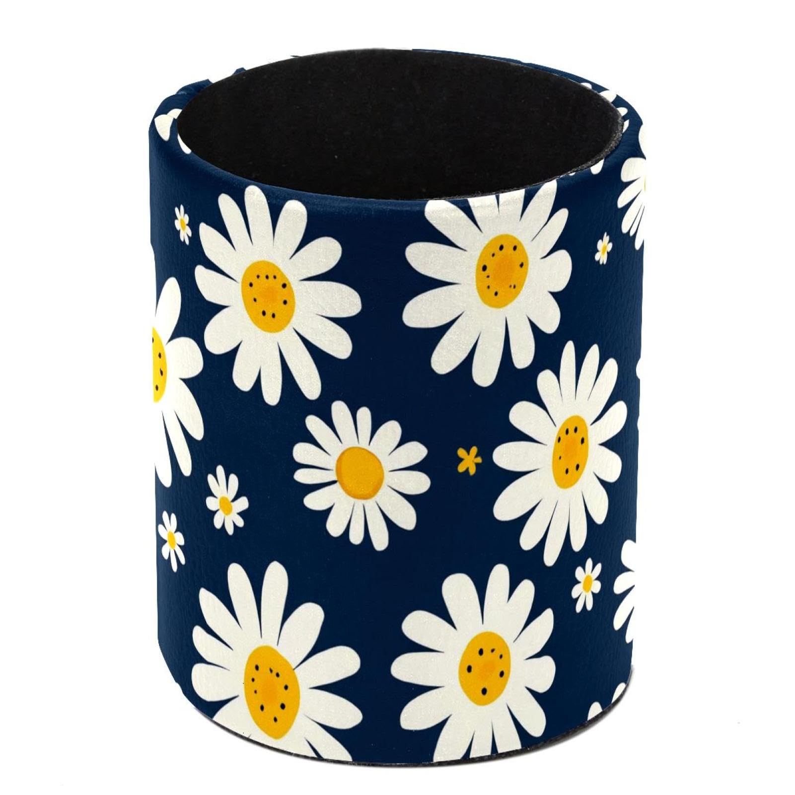 HEOEH Daisies Pen Holder for Desk, PU Leather Pencil Holder Pen Cup Marker Holder Makeup Brush Holders, Desk Accessories & Workspace Organizers for Home, Office
