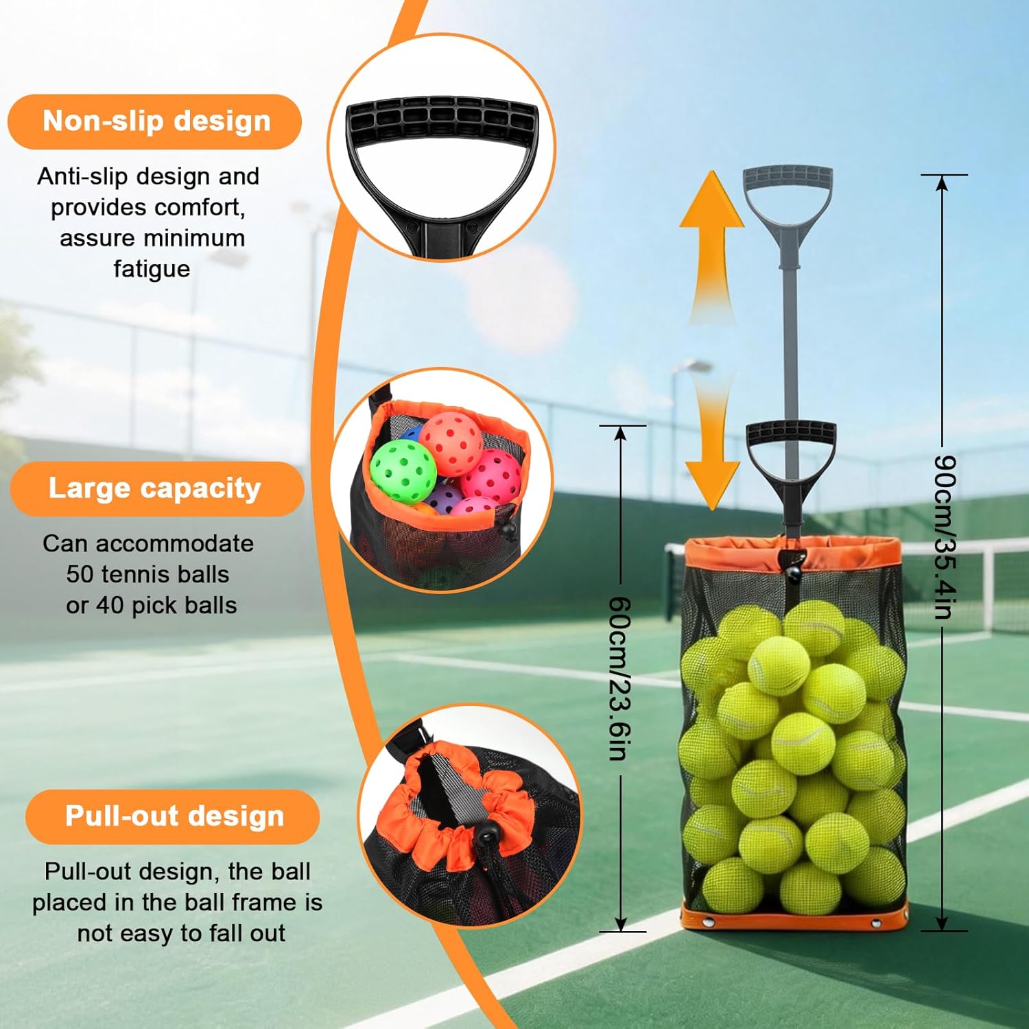 Rolling Pickleball Ball Collector with Wheels & Telescopic Handle - Large Capacity Tennis Ball Hopper Basket with Durable Mesh, Portable Ball Retriever for Tennis, Pickleball & Baseball Training