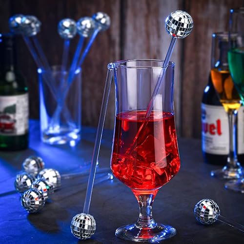 Miniatura 10 de 48 piezas de agitadores de bolas de discoteca de espejo, popotes decorativos de plástico con parte superior redonda, palitos de café para Navidad,