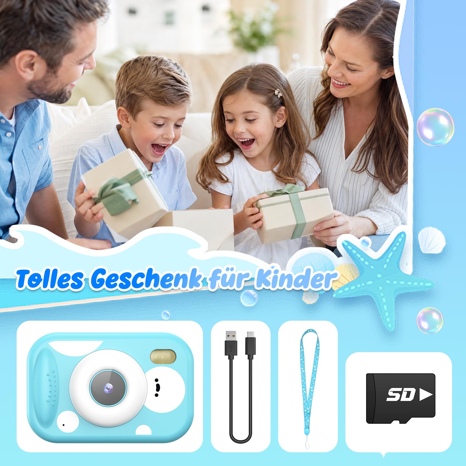 CHAKEYAKE Unterwasserkamera, IP67 10M/32.8FT Kinderkamera 1080P wasserdichte Digitalkamera mit 2.4" HD Bildschirm, 10X Digitalzoom, SD Karte, Geschenk für Jungen und Mädchen 3–12 Jahre, Blue