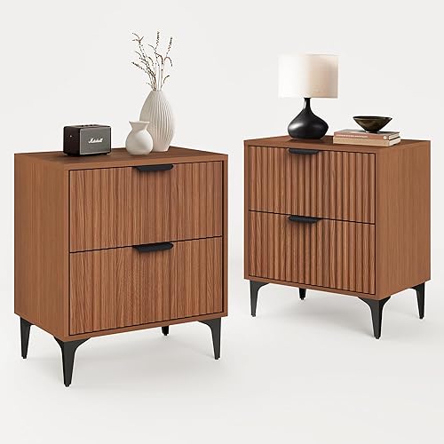 Walnut Fluted Nightstand Set of 2, Modern Night Stands with