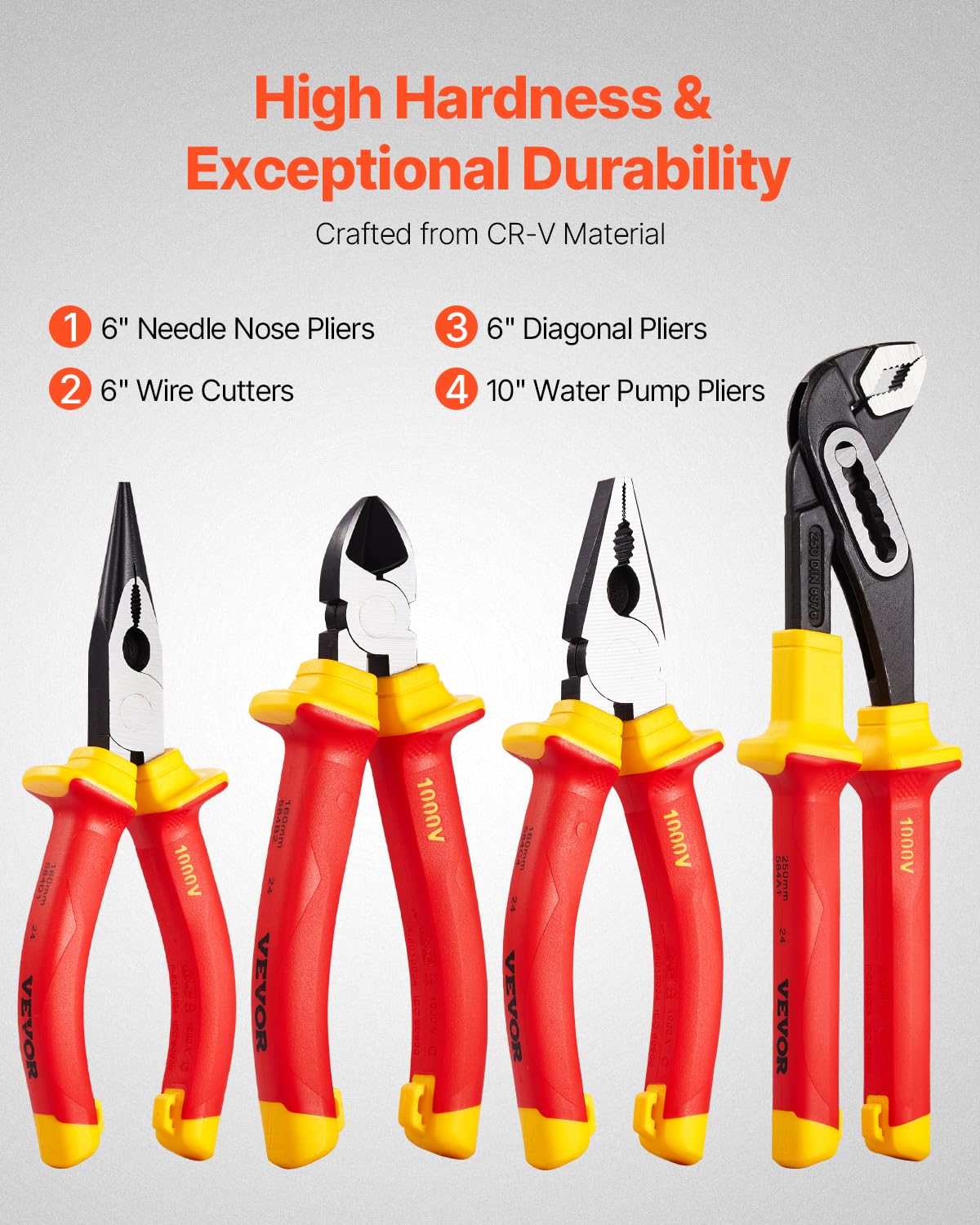 VEVOR Juego de Destornilladores Aislados, 12 PCS Kit de Destornilladores Eléctricos Profesionales con Puntas Ranuradas Phillips Magnéticas, Alicates Aislados y Alicates Diagonales para Electricistas