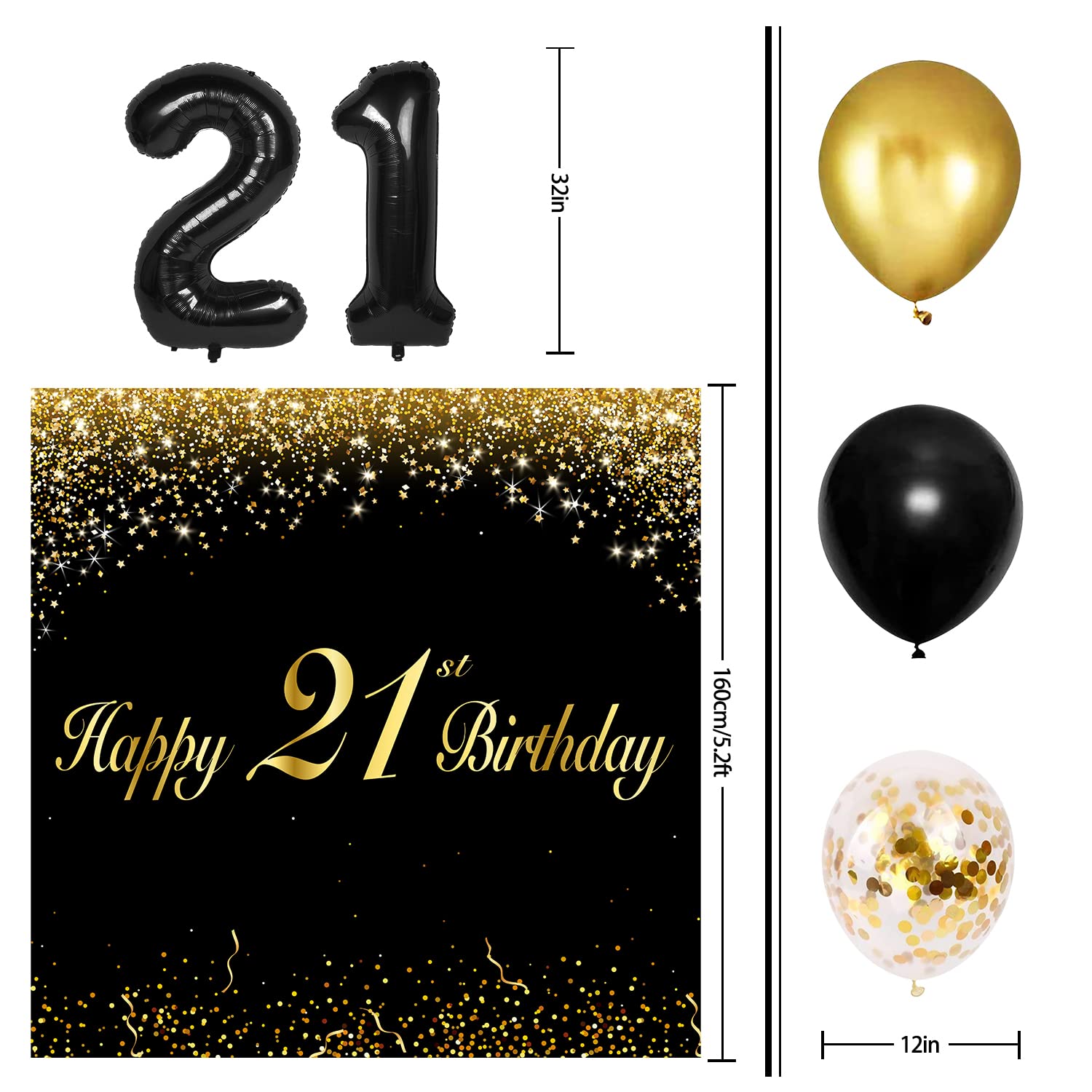 Happy 21st Birthday Balloons Black Set Decor - Cheers to 21 Years Old Party Theme Garland Banner Backdrop Decorations For Women and Men Supplies