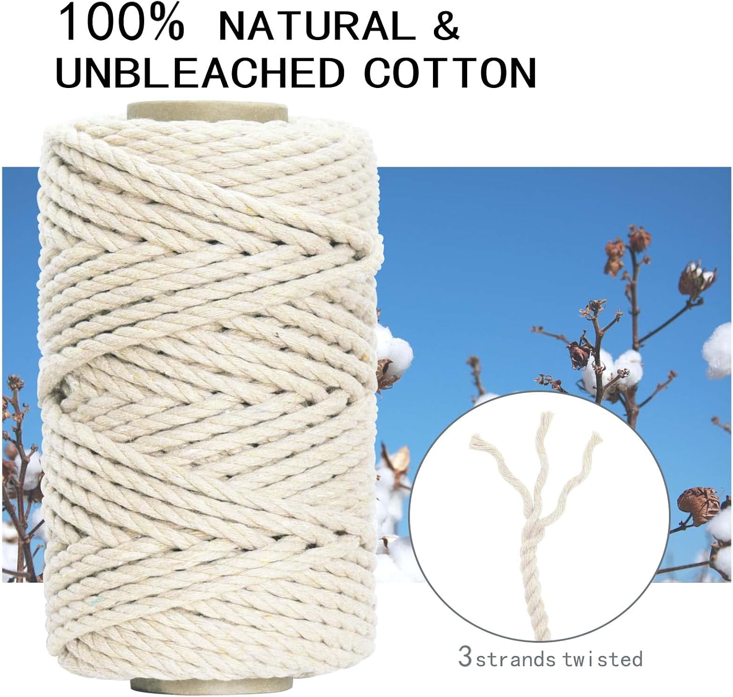 White Twisted Cotton Rope, Natural Cotton Macrame Rope for Crafts, Wall Hangings, Plant Hangers, Dream Catchers, Decorative Projects, Knitting - 6mm x 100 feet