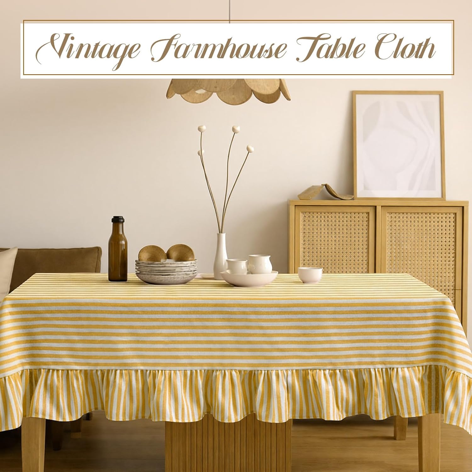 Mindsoft Yellow Striped Ruffled Tablecloth 70 x 52 Inches Cotton Linen Rectangular Striped Table Cloth Classic Farmhouse Vintage Table Cover Decorative Pattern for Holiday Party