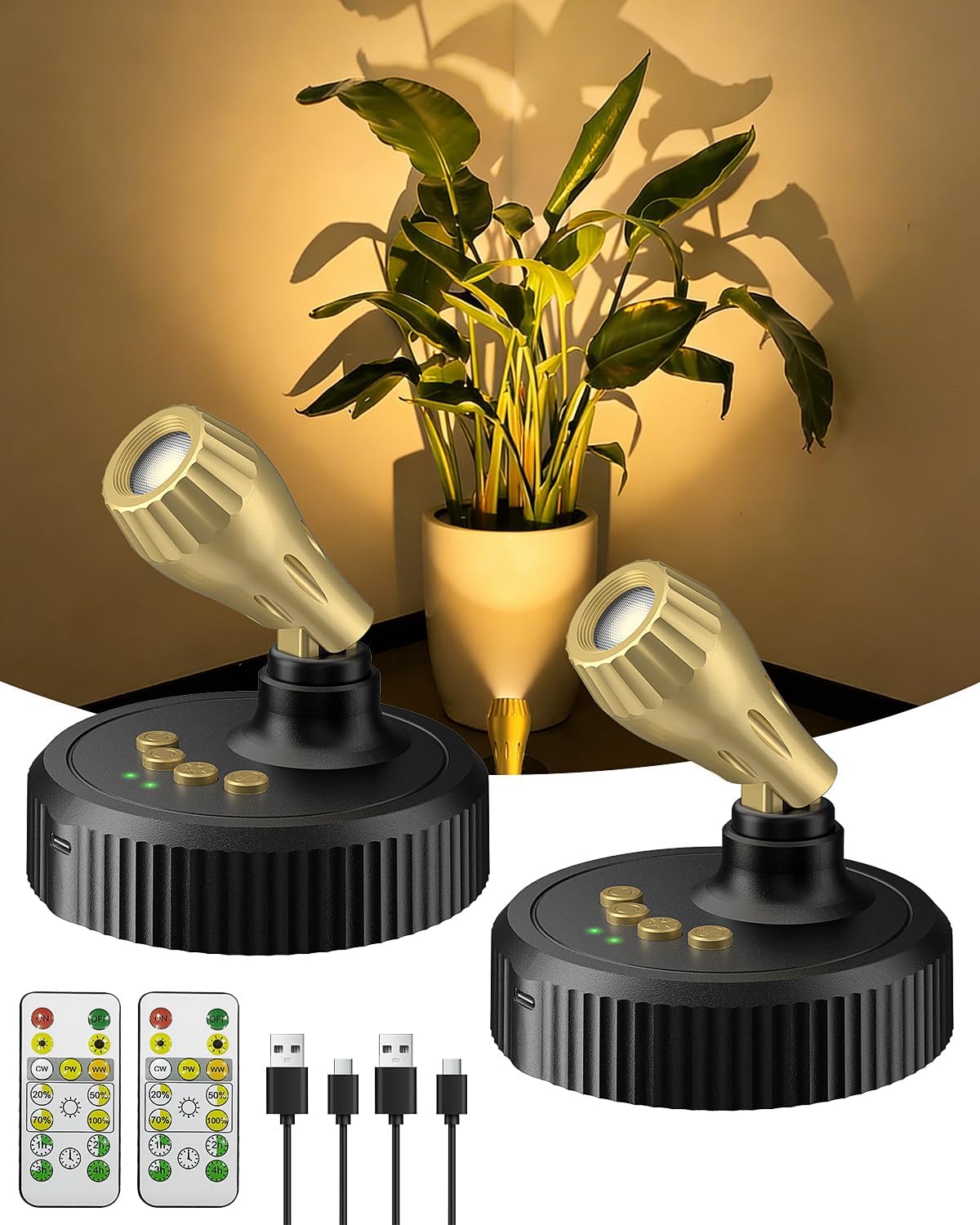 LED Spotlight Indoor with Remote | 6500mAh Rechargeable Battery Wireless Plant Light Indoor - Uplights with Timer & Remote Dimmable - Easy Install for Home Decor, Artwork, Plants (2 Pack)