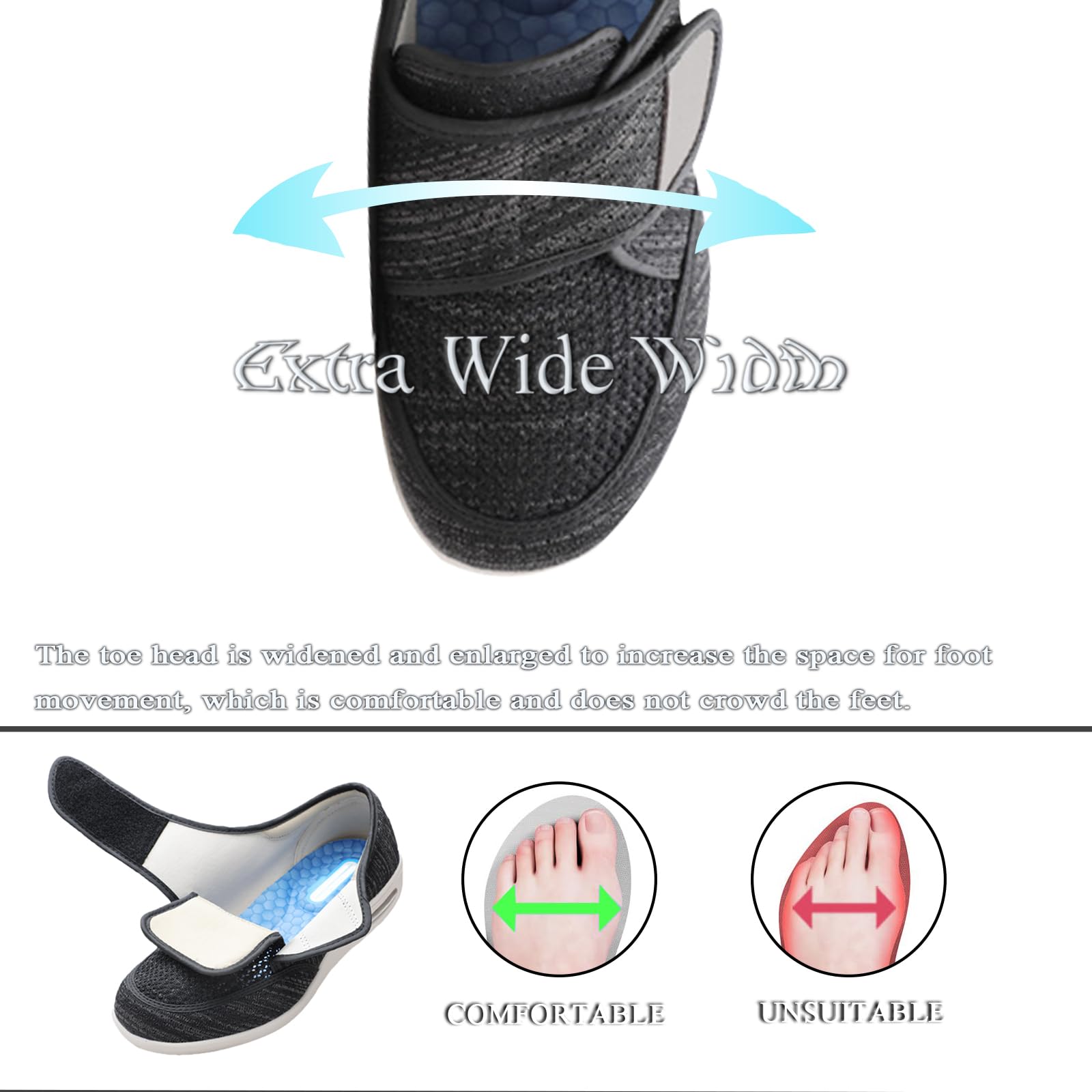 Zapatos para Diabéticos Hombres Mujeres Malla Zapatillas para Caminar de Ancho Ajustable Zapatos de Transpirables para Pies Hinchados