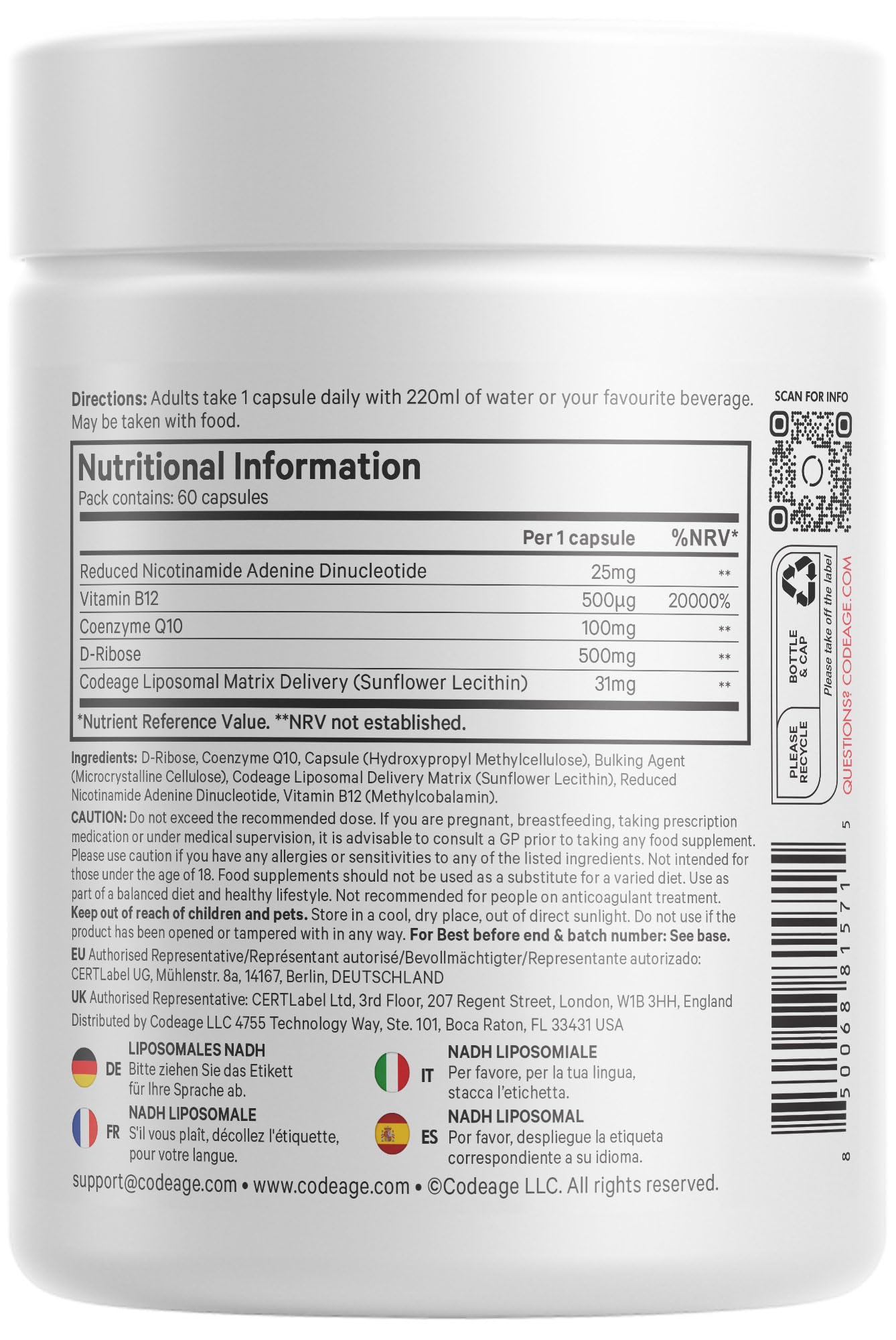 Codeage Liposomales Nadh+ Sport Nadh, Coq10, D-Ribose Und Vitamin B12 — Veganes Nahrungsergänzungsmittel Mit Phospholipider Liposomalen Matrix Glutenfrei, Gentechnikfrei — 60 Kapseln — 2-Monats-Vorrat