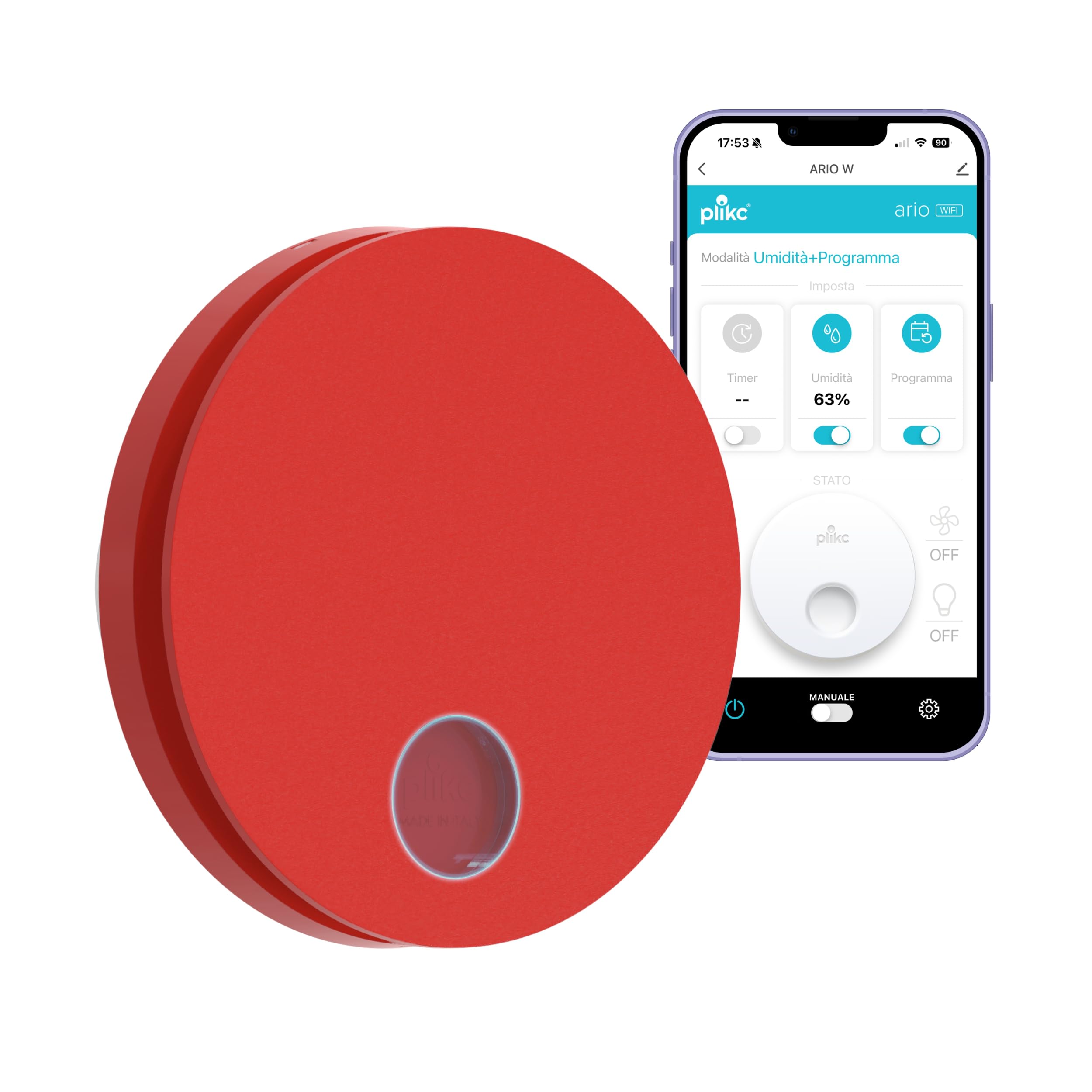 plikc Wifi-Wandventilator mit axialer Absaugung Serie Ario W – Stromversorgung 230 V AC – 100 % Made in Italy (Rot, Bohrung Ø98)