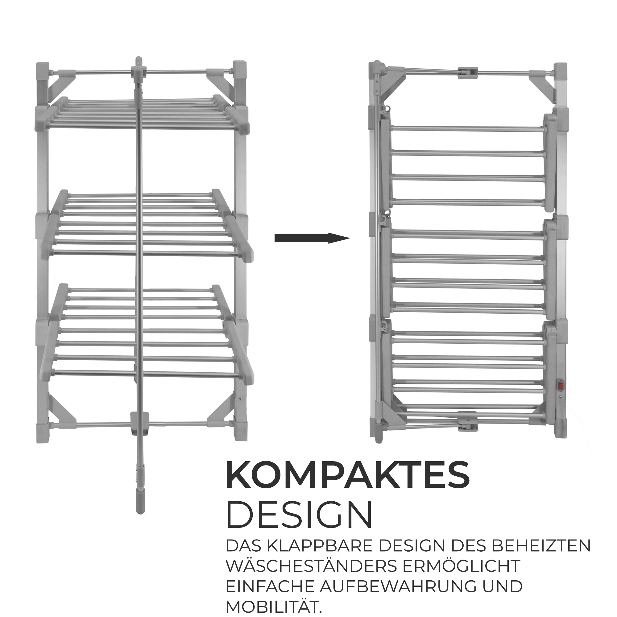 Elektrischer beheizter Wäscheständer 3 Ebenen 21m 15kg Wäsche Kapazität 50-55°C 220W Drinnen Klappbar Mobil 6 Böden 24 Stangen Energieeffizient Schnell trocken Staubschutzhülle & 6 Wäscheklammern
