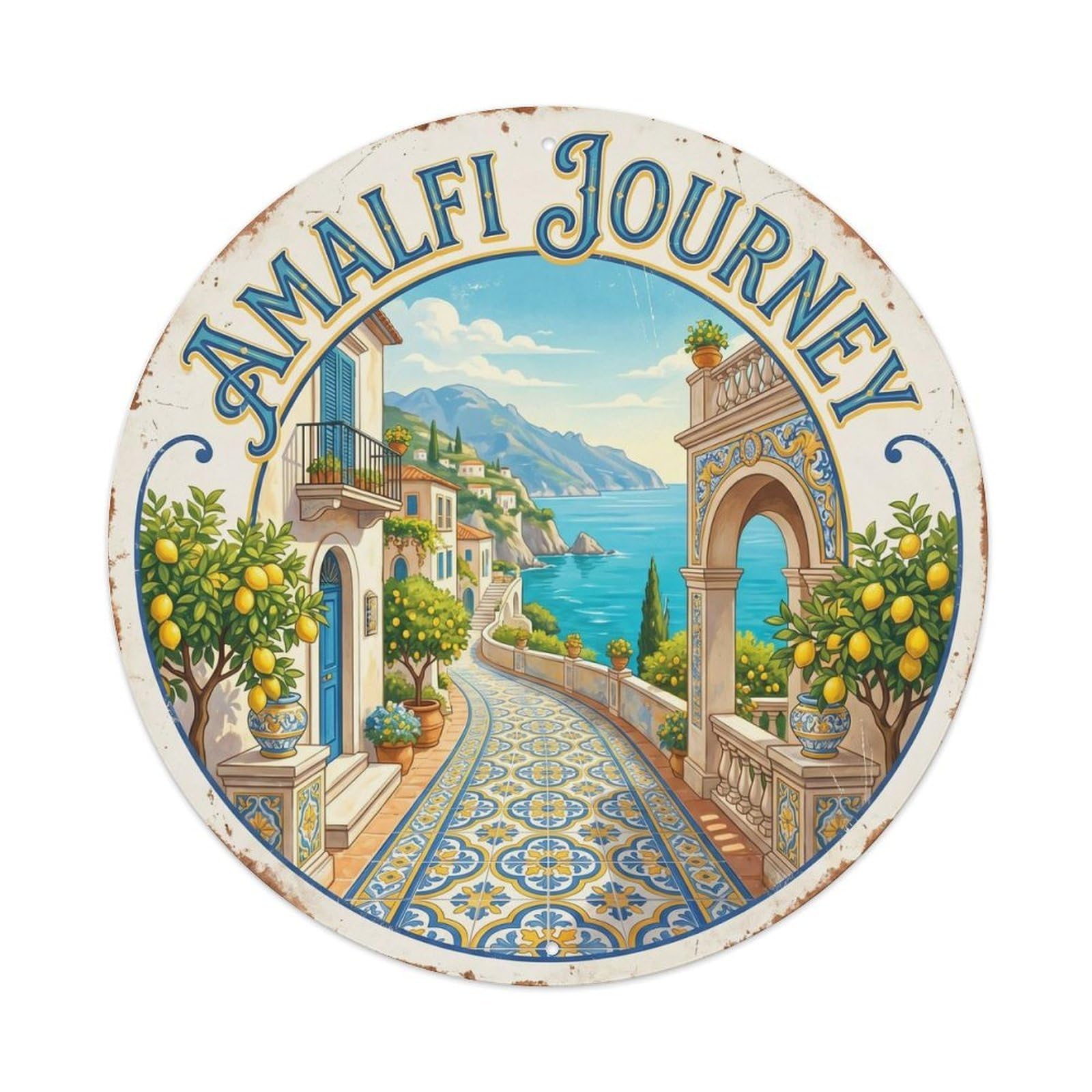 Classic Amalfi Mediterranean Ceramic Tile Historic Travel Metal Tin Sign Plaque Wall Decor for Cafe, Man Cave, Club Bar, Office, Home Garden Round Metal Poster 8x8Inch