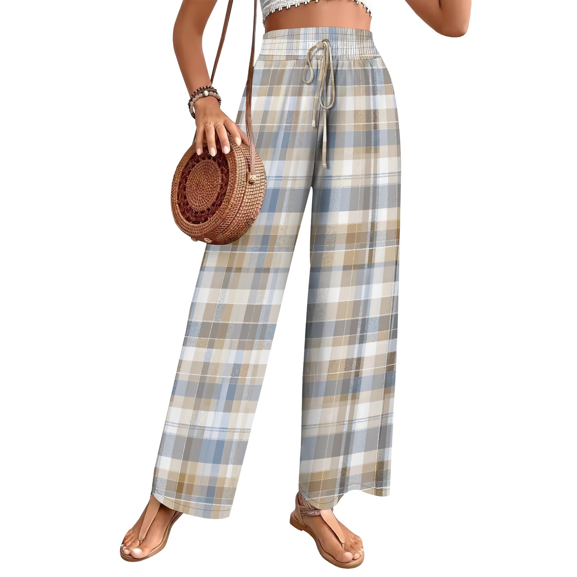 Womens High Waist Drawstring Wide Leg Pants Trendy Casual Simple Palazzo Pants Teacher Formal Trousers with Pockets