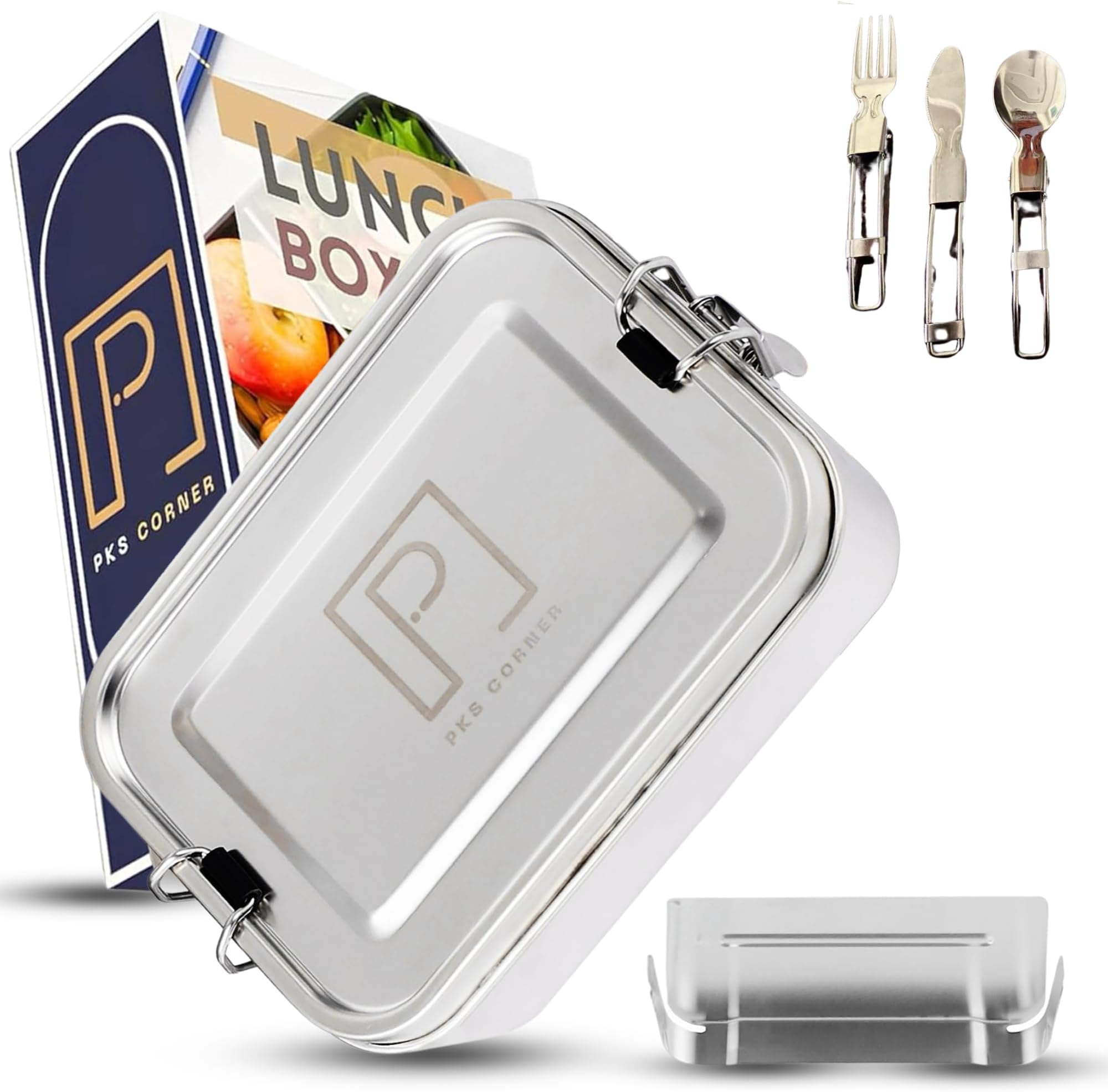 PKS CORNER Stainless Steel Lunch Box Food Storage Container 1200ml Sandwich Box with 2 Compartments Included Spoon,Fork,Knife Kids and Adult Bento Box with Movable and Removable Divider Leak Proof