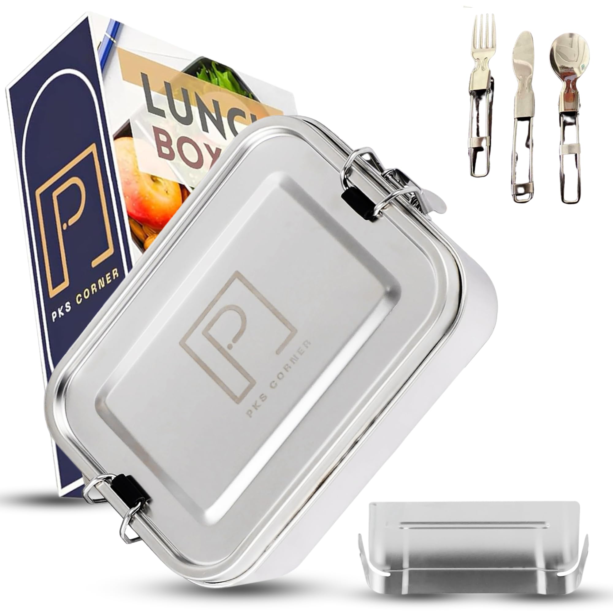 PKS CORNER Stainless Steel Lunch Box Food Storage Container 1200ml Sandwich Box with 2 Compartments Included Spoon,Fork,Knife Kids and Adult Bento Box with Movable and Removable Divider Leak Proof