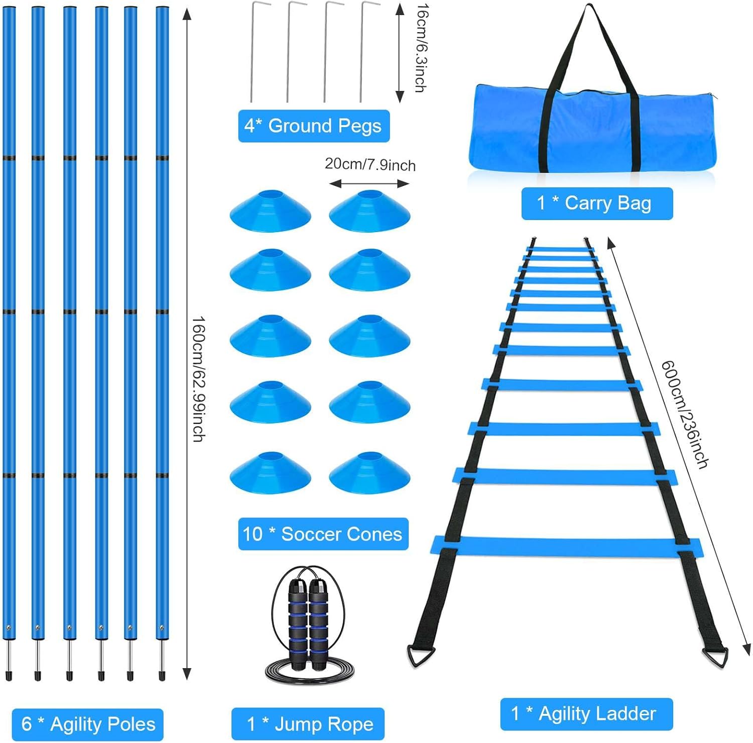 Soccer Agility Training Equipment, Includes 20ft Agility Ladder, 6 Adjustable Agility Poles, 10 Disc Cones, Jump Rope-Speed Training Set for Soccer Football Basketball Athletes