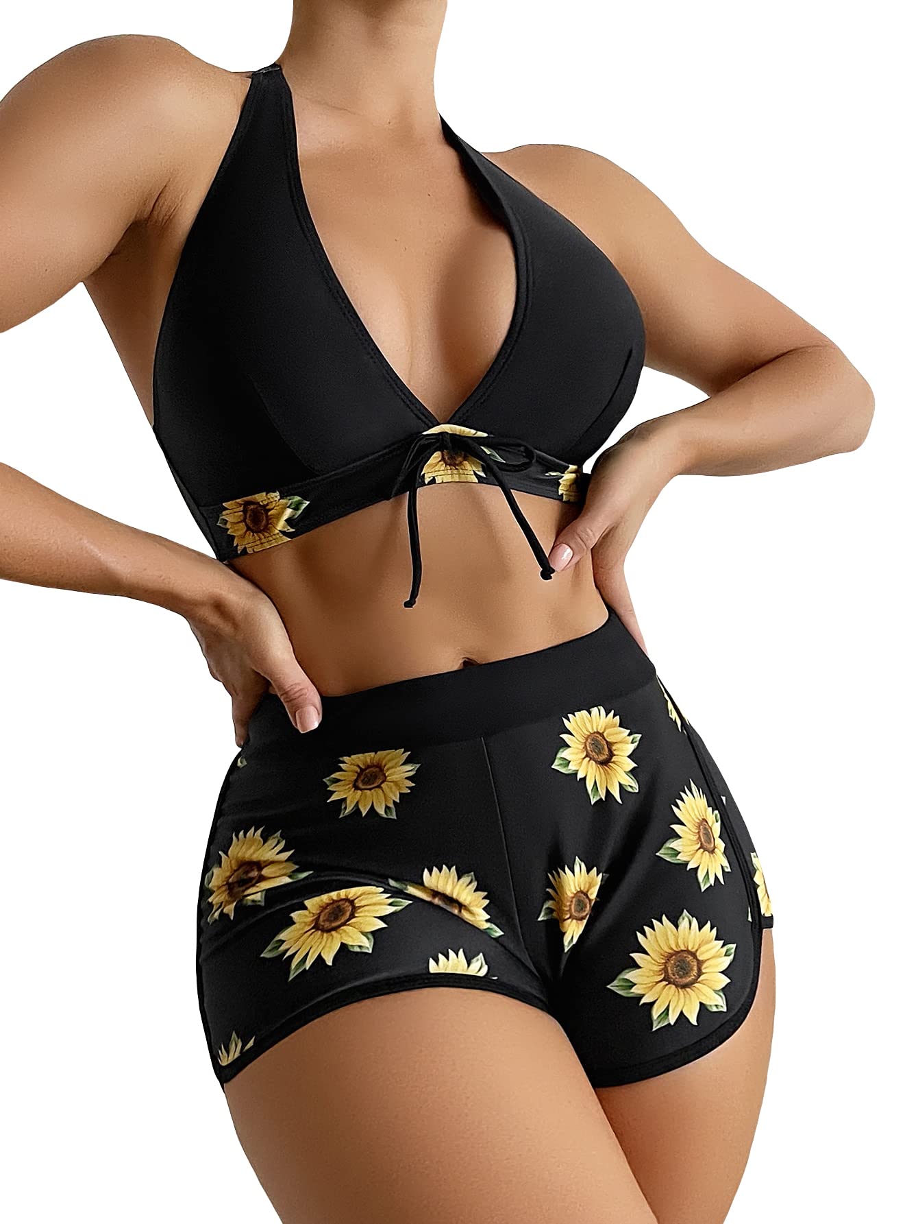SOLY HUXWomen's Sunflower Print Halter Bikini Set Swim Shorts 2 Piece Swimsuit Bathing Suit Beachwear