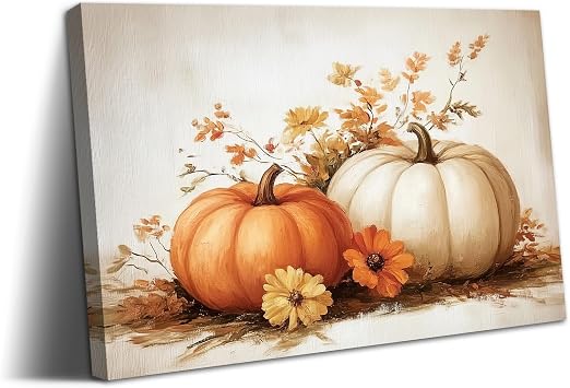 Wewejia Vintage Autumn Pumpkin Wall Art 24x16 Inch, Rustic Farmstead Fall Daisy Floral Poster Halloween Thanksgiving Autumn Wall Print Decor Suitable for Living Room Kitchen Bedroom Home Decor