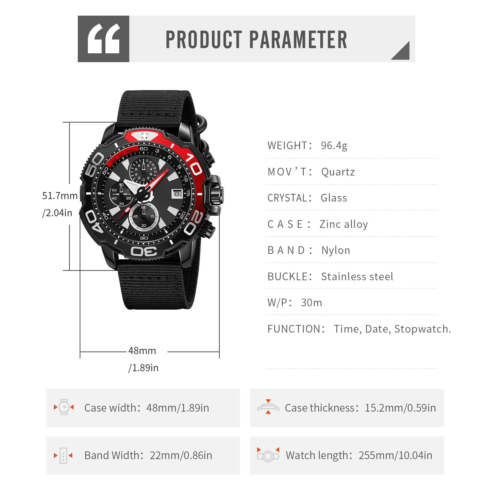 Montre militaire étanche pour homme avec calendrier et aiguille lumineuse