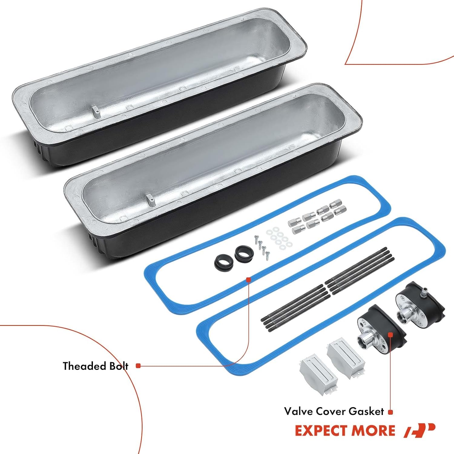 A-Premium Finned Aluminum Engine Valve Cover with Gaskets and Valve Cover Breather Cap Compatible with Chevrolet 1987-2000 Small-Block Engine Valve Cover, V8, Polished