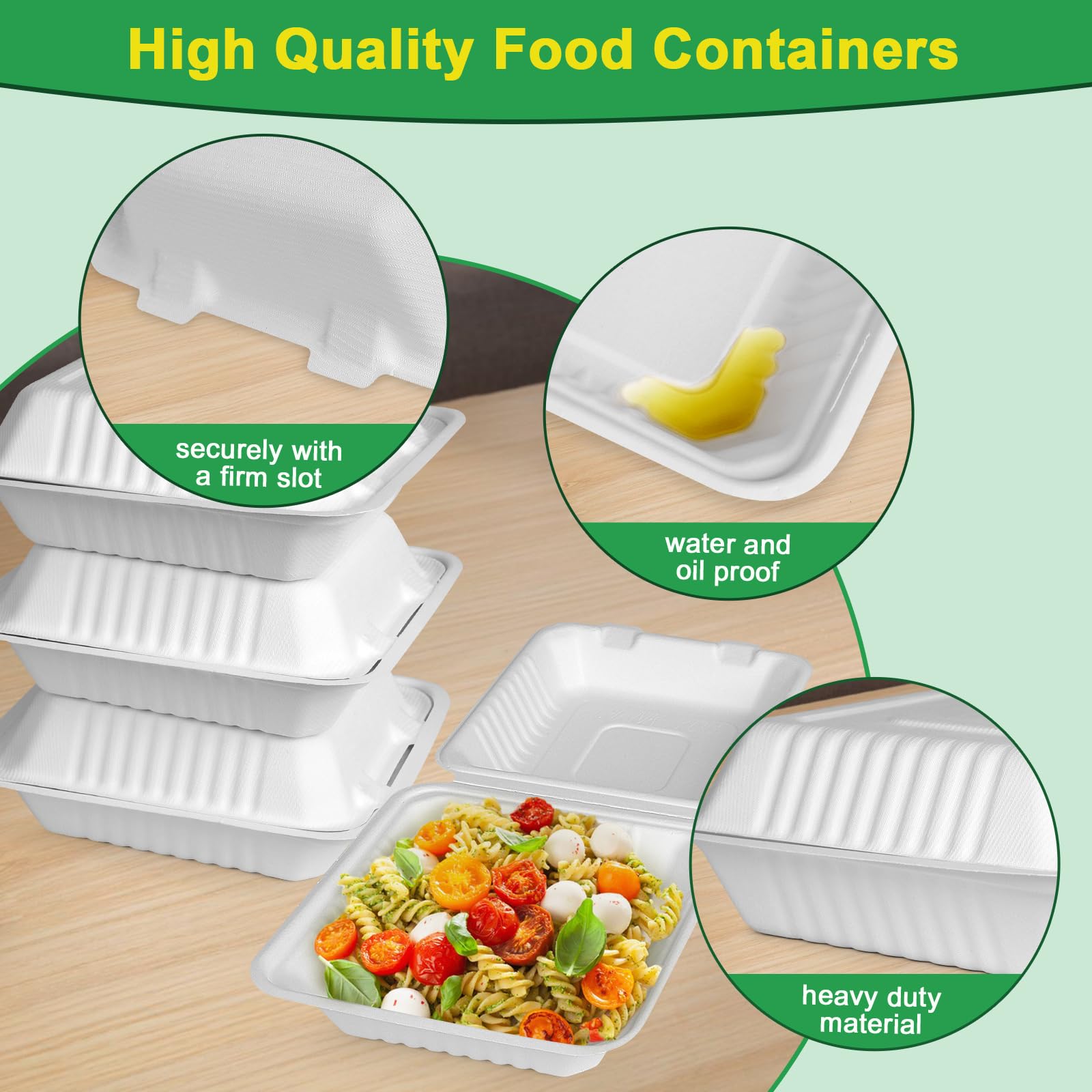 Recipientes de comida para llevar con tapas, paquete de 100 recipientes de concha para llevar, contenedores de transporte de 9 x 9 para alimentos, cajas biodegradables ecológicas, biodegradables