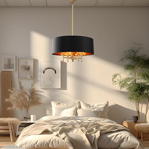 Miniatura 2 de Lámpara de araña negra con pantalla dorada, 4 luces, moderna, de lino de tambor, de 17.75 pulgadas, para comedor, dormitorio, isla de cocina, sala