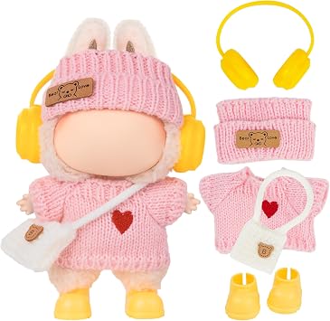 Clothes for LABUBU Doll NO Doll - Pink Knit 5-Piece Outfit 17cm Doll Clothes Accessories with Mini Hat, Ear Muffs, Shoes, Bag for 6.7 Inch Dolls Doll Clothing