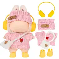 Clothes for LABUBU Doll (NO Doll) - Pink Knit 5-Piece Outfit 17cm Doll Clothes Accessories with Mini Hat, Ear Muffs, Shoes, Bag for 6.7 Inch Dolls Doll Clothing