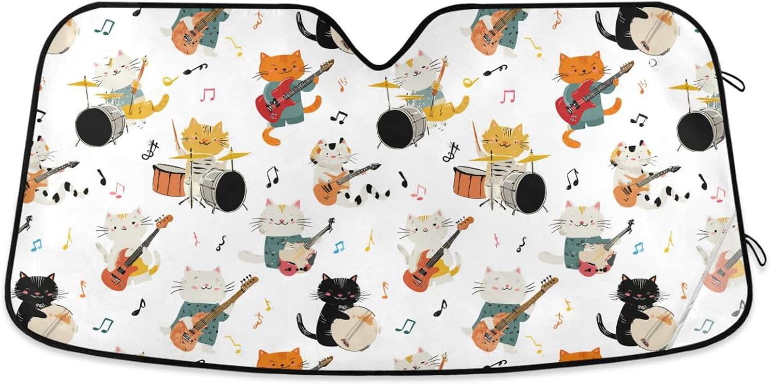 Car Windshield Sun Shade Funny Drumming Cat Reflective Sunshade for Ultimate Protection Fits Small Sedans, Mini SUVs, Hatchbacks
