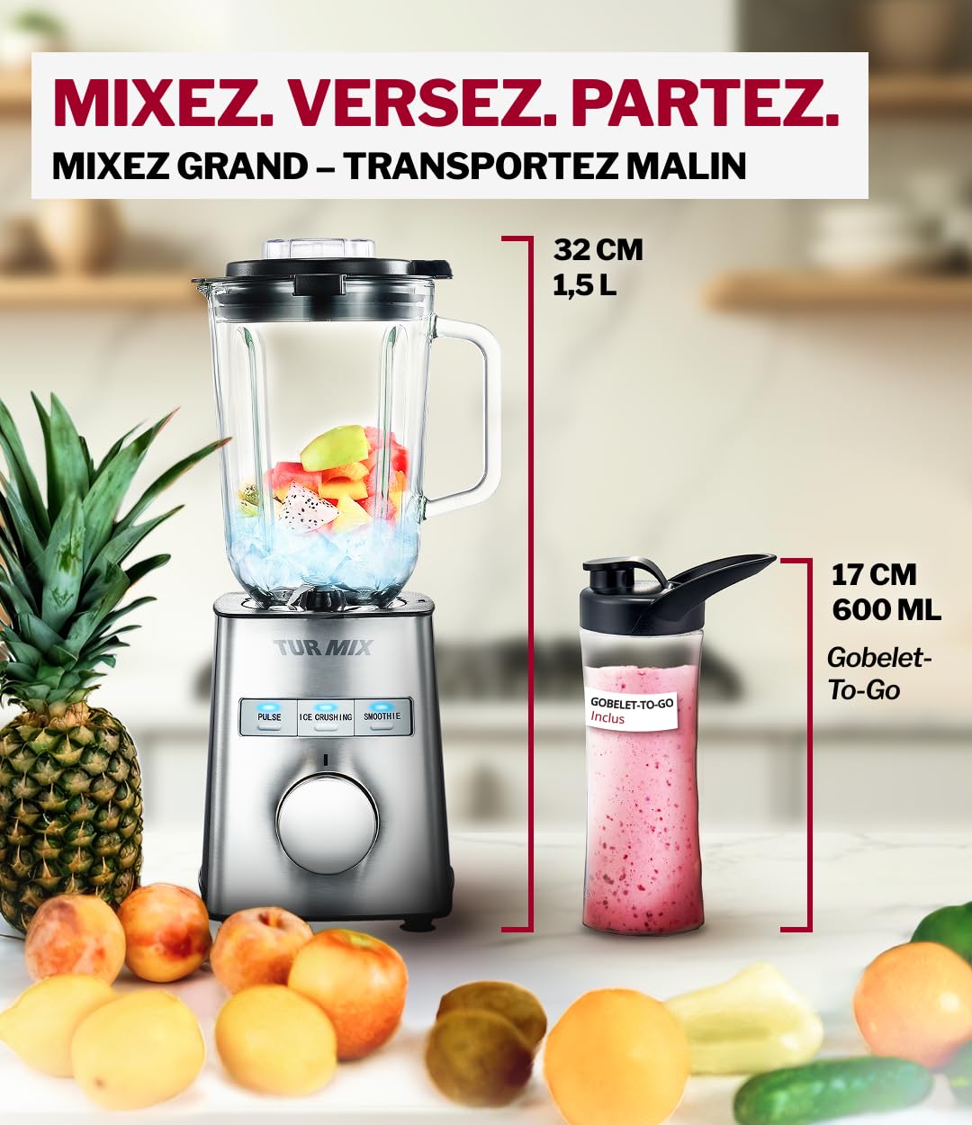 Turmix Mixeur sur socle haute performance CX 750 – 1000 W, couteau en acier inoxydable à 6 lames, smoothie maker & mixeur verre 1,5 L, gobelet à emporter, fonction continue & pulse