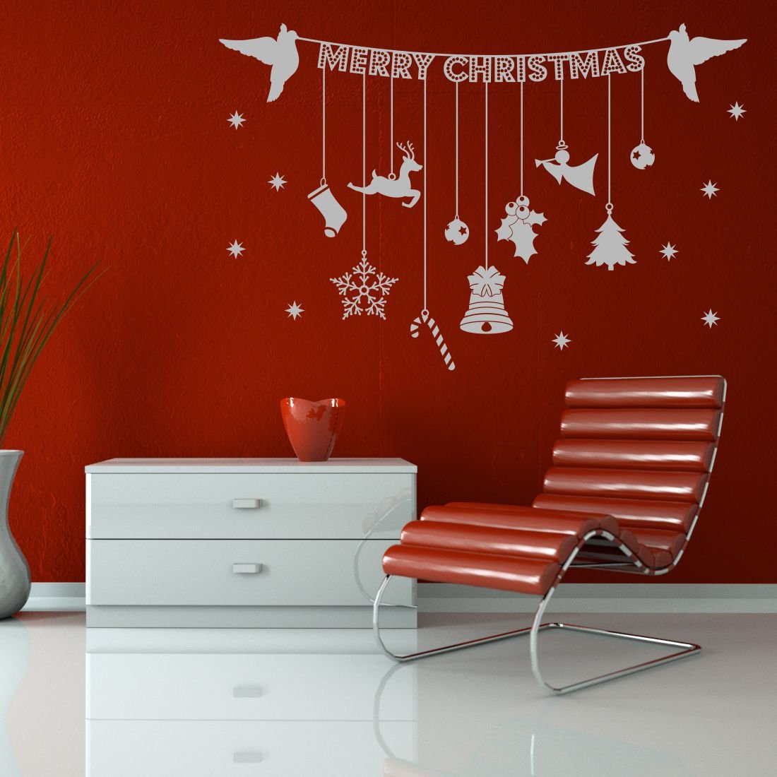 Asian Paints Vinyl Wall-Ons, Hanging Christmas Banner with Decoration Ornaments' Decal, DIY Removable Peel and Stick UV Printed Wall Sticker - 'Covers H 1 ft x W 2.5 ft', Home Decor (Green)