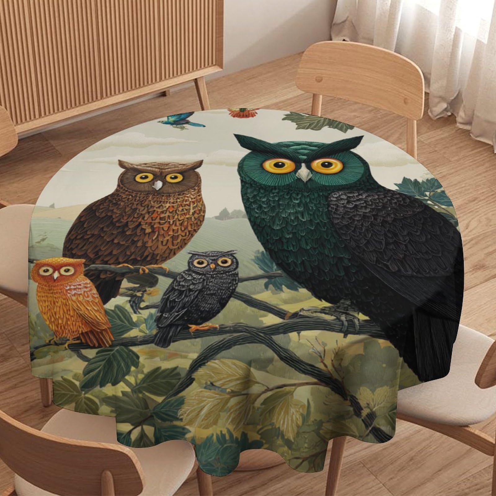 LUYYSKY Rustic Cute Birds Owls Round Tablecloth Modern Classic Spring Plants Trees Animals Owls Pattern Washable Decor for Table Cover for Kitchen-127 Wx127 L cm