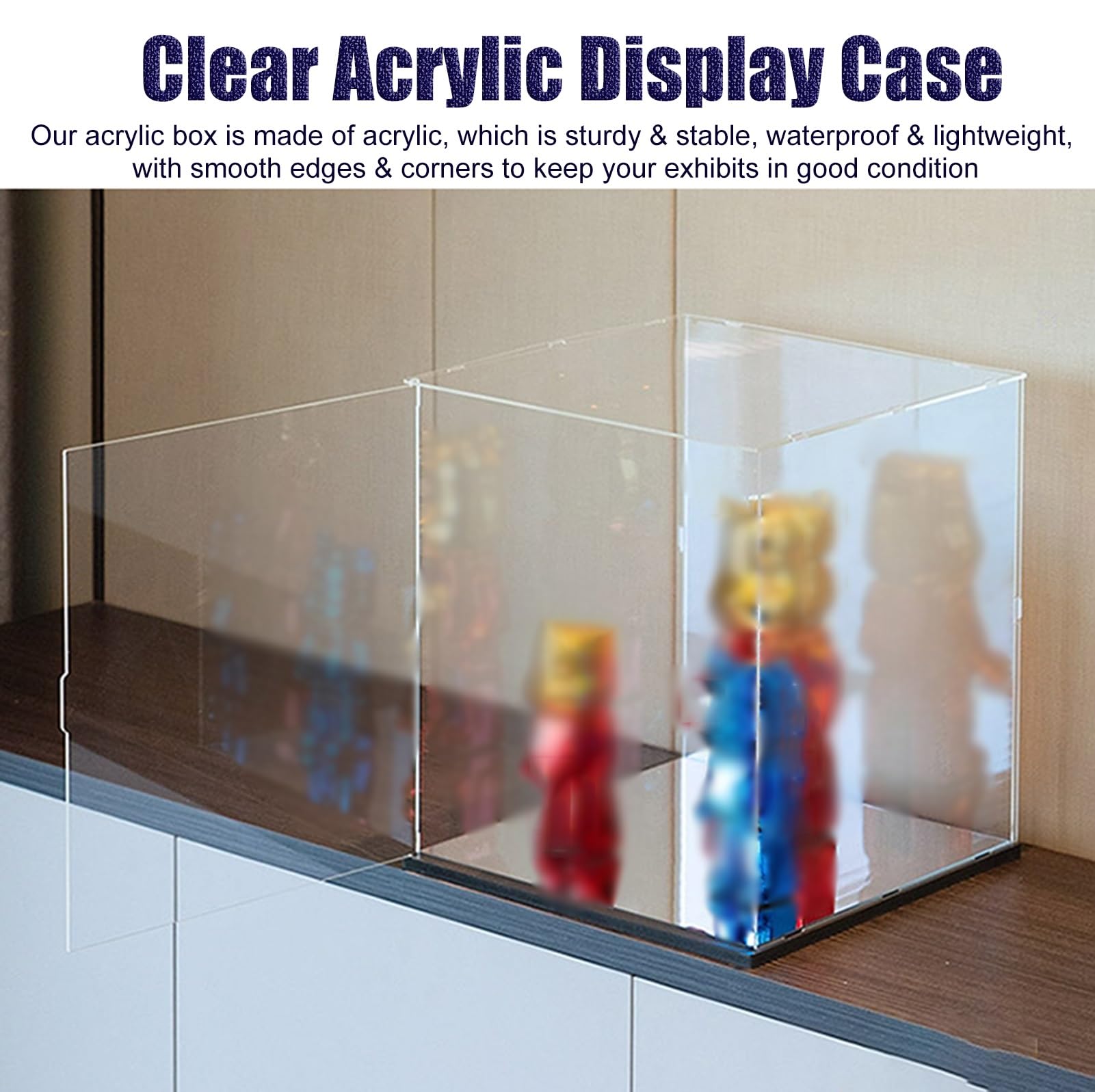 Teca Plexiglass Espositore in Acrilico con Anta, Lunghezza 10-50 cm, Vetrina in Plastica con Design a Specchio, Vetrina Rettangolare Impilabile per Souvenir(L35xW35xH35cm/14x14x14)